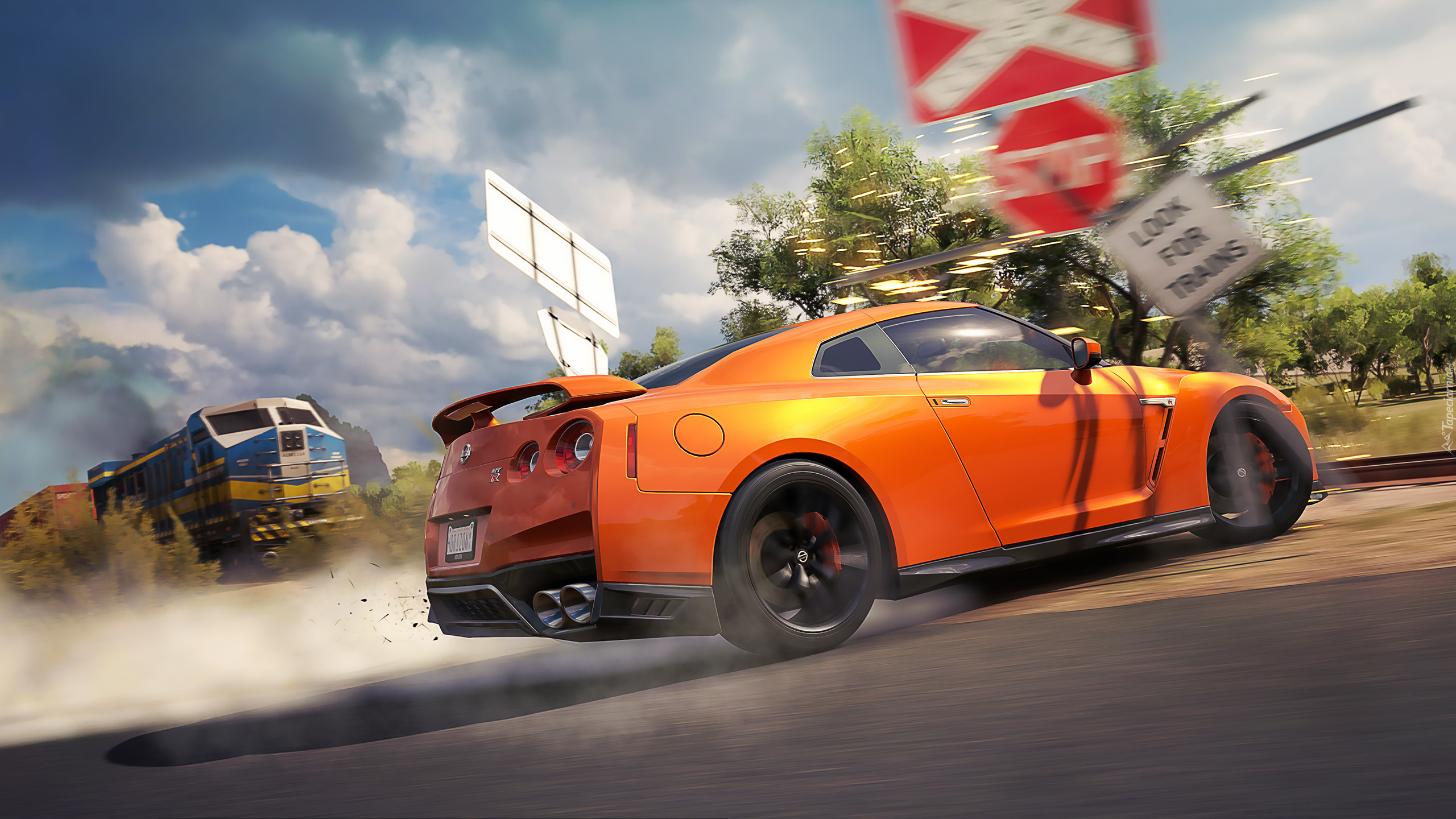 Gra, Forza Horizon 3, Samochód, Nissan GT-R, Pomarańczowy, Ulica, Lokomotywa, Tory, Przejazd