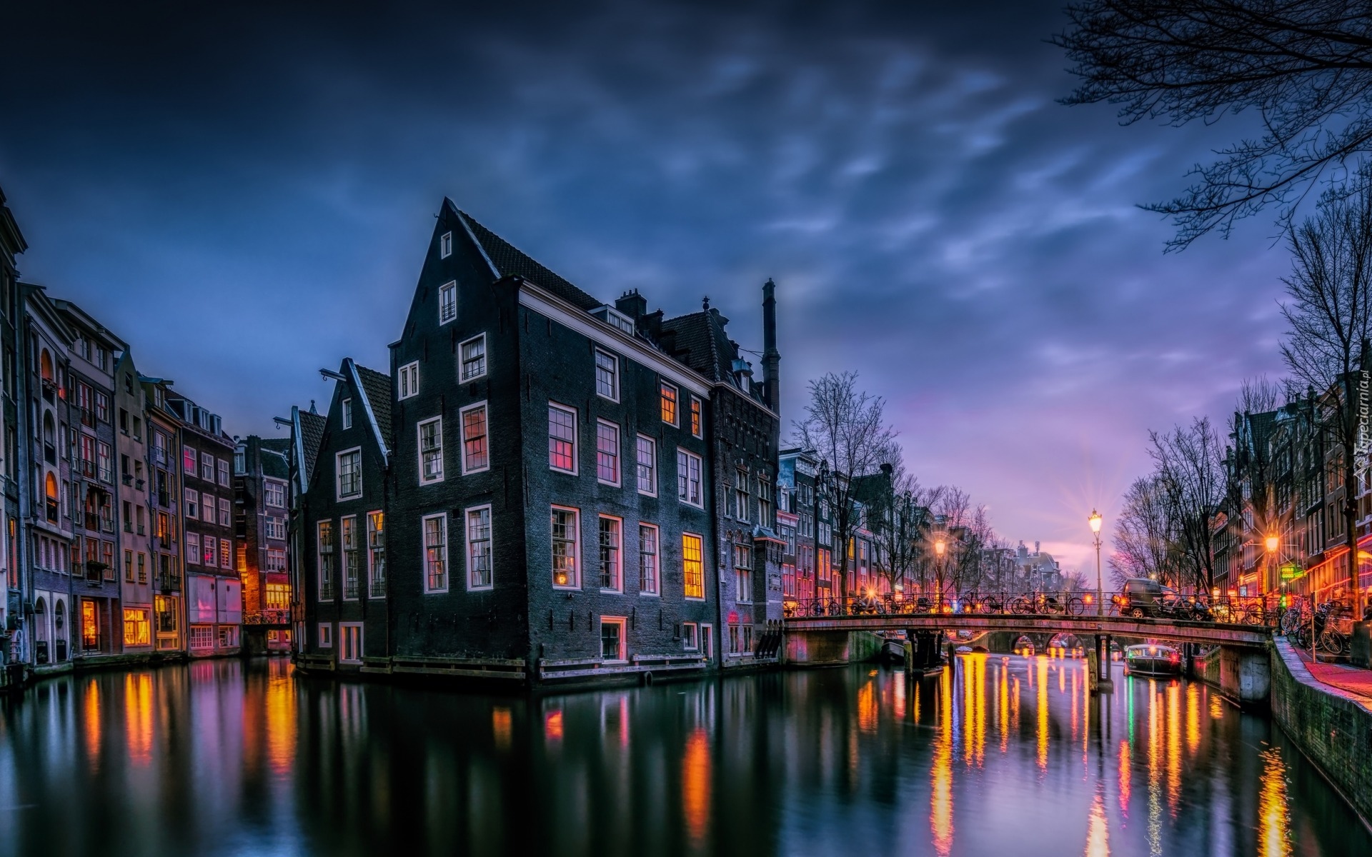 Holandia, Amsterdam, Domy, Most, Rzeka, Kanał, Wieczór
