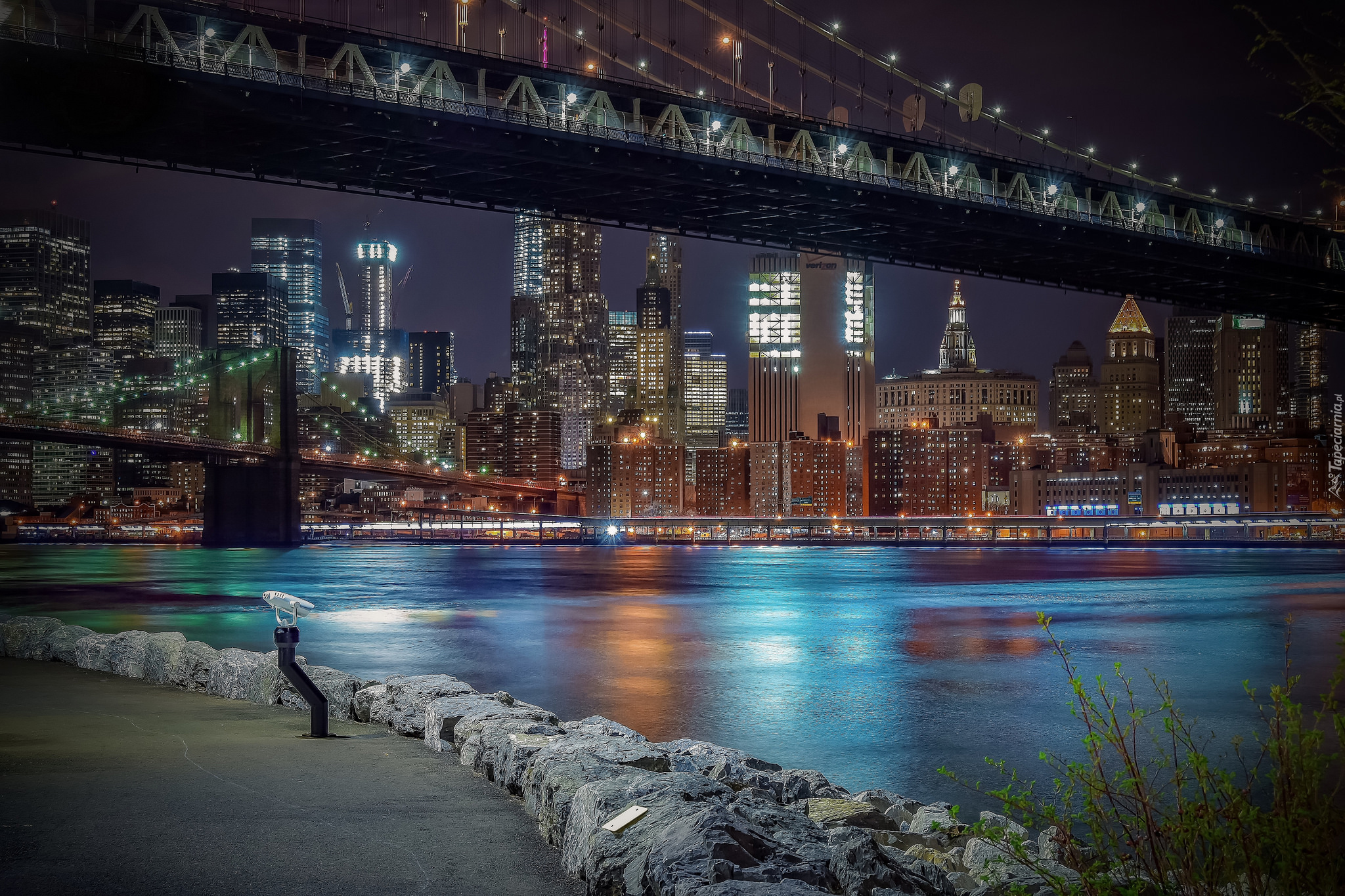 Stany Zjednoczone, Nowy Jork, Rzeka East River, Most, Miasto nocą