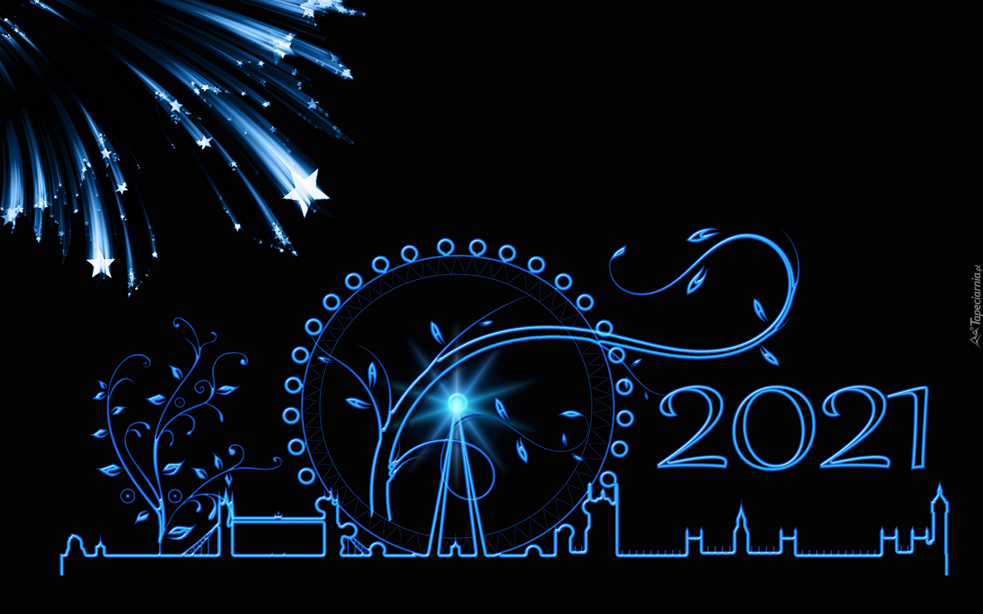 Nowy Rok, 2021, Cyfry, Fajerwerki, Niebiesko-czarna, Grafika