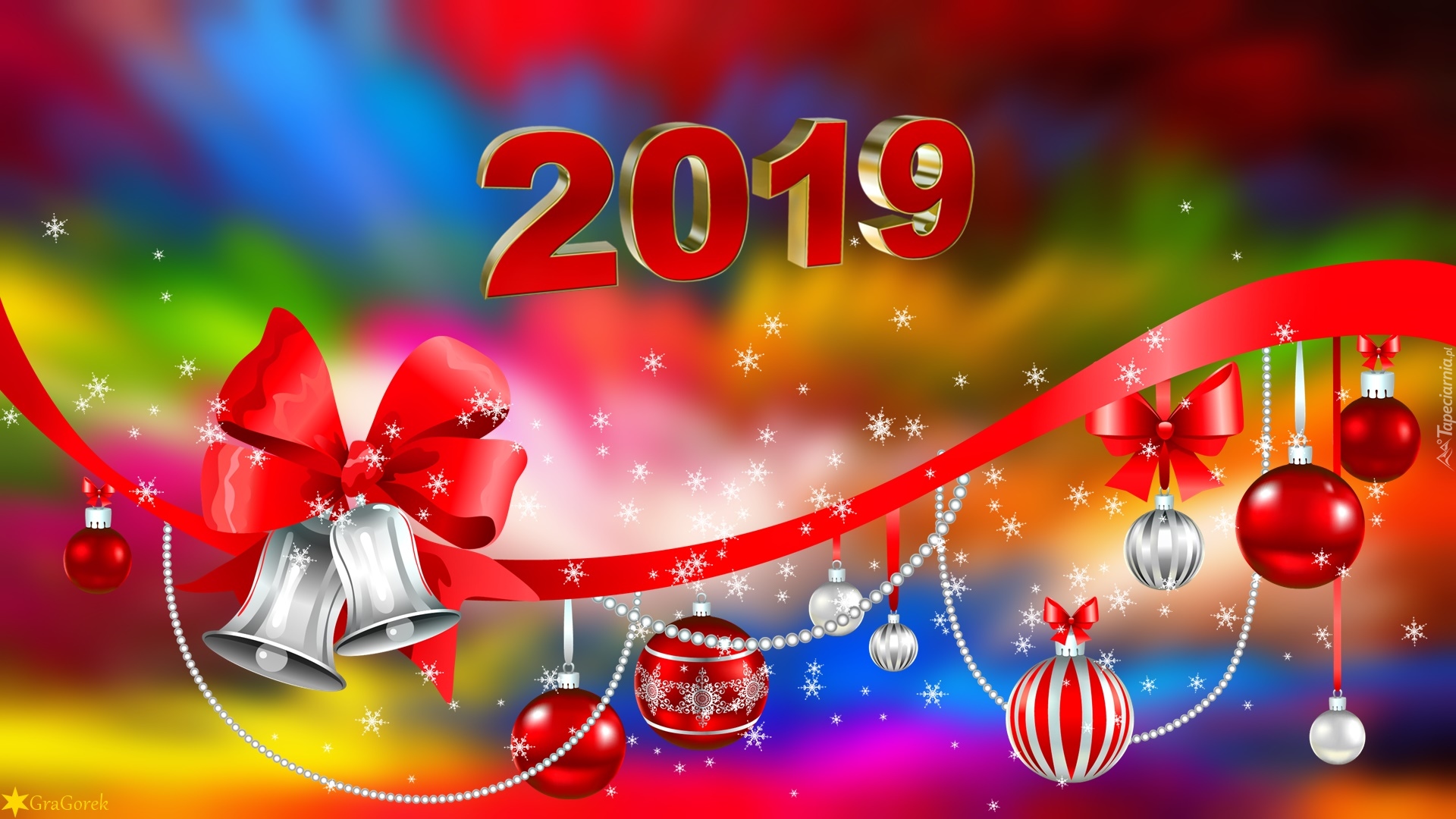 Nowy Rok, 2019, Dzwonki, Bombki, Szarfa, Grafika