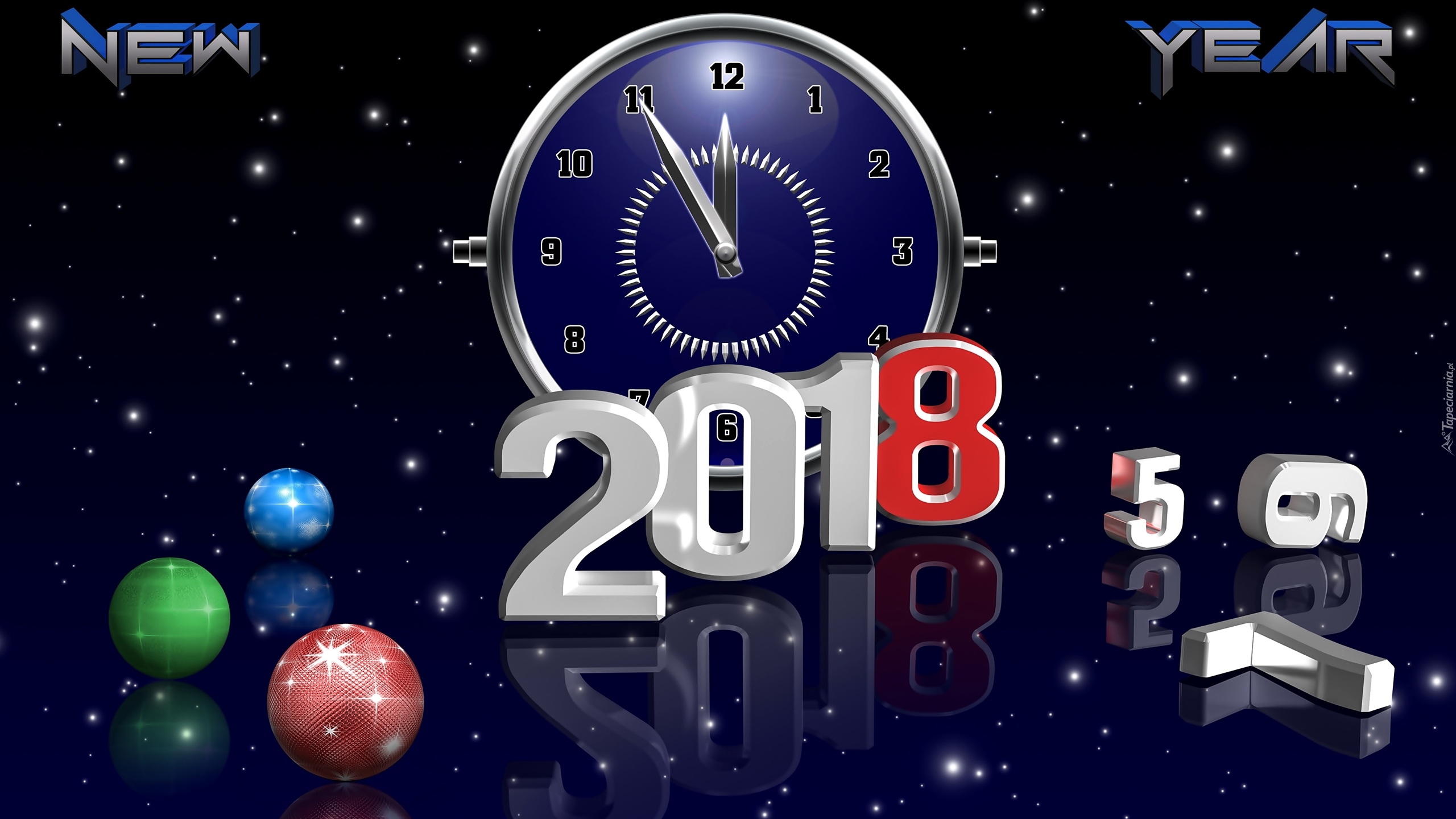 Nowy Rok, 2018, Grafika 2D, Zegar, Bombki, Odbicie