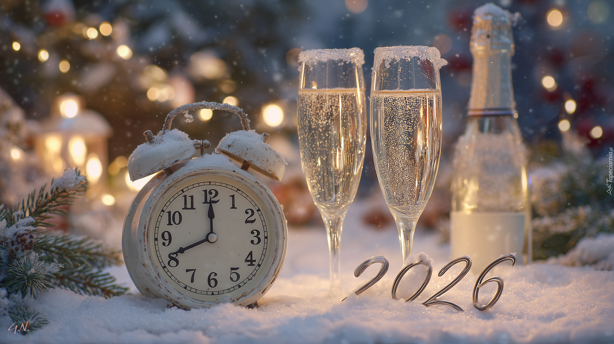 Zegar, Kieliszki, Szampan, 2026, Nowy Rok, Zima, Grafika AI