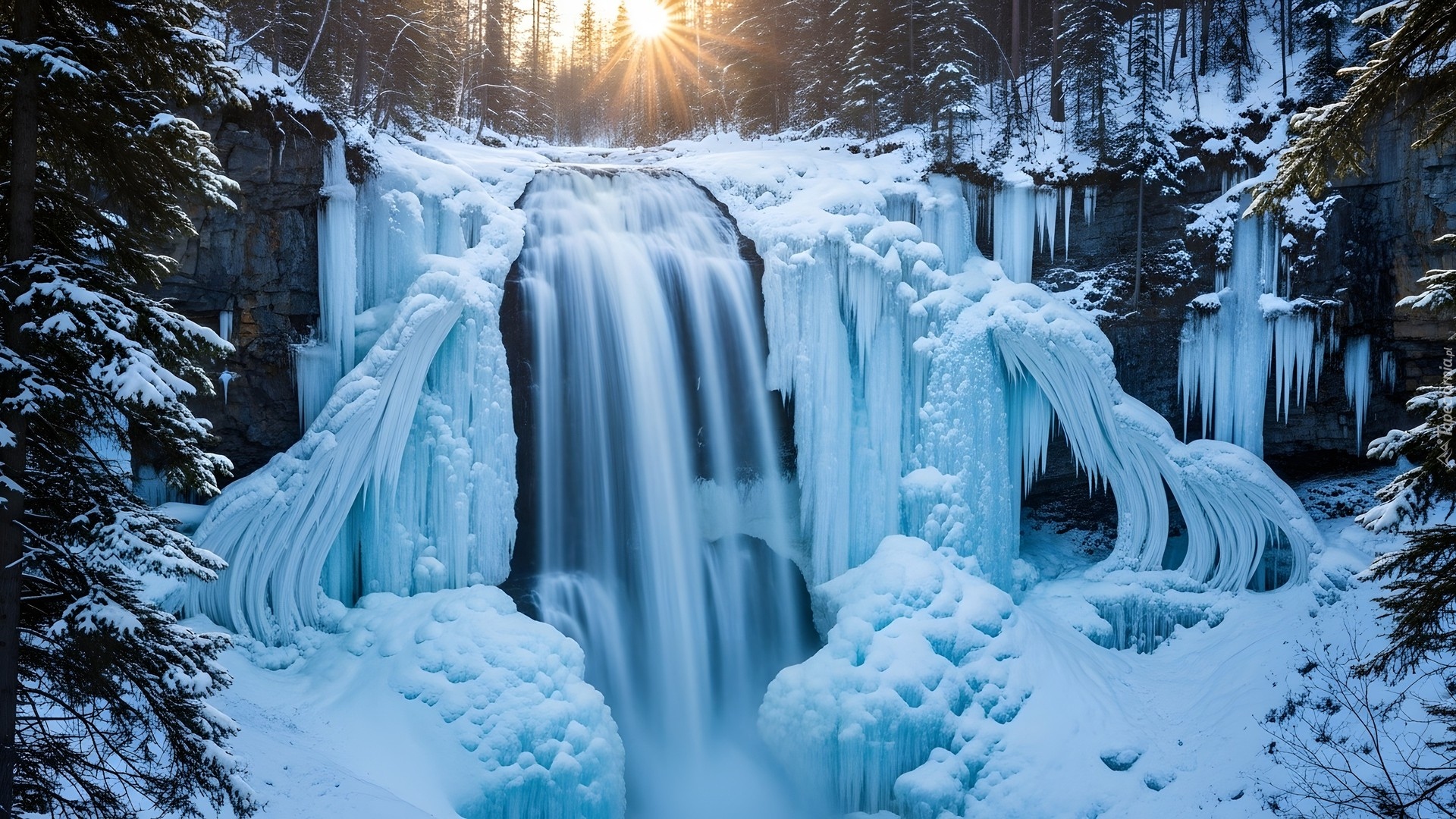 Skały, Oblodzony, Wodospad, Sople, Drzewa, Zima