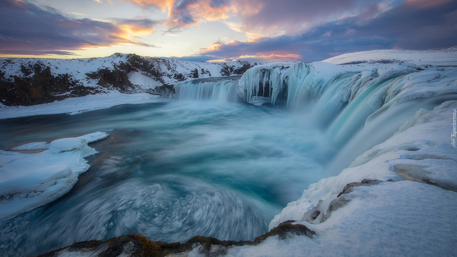 Zima, Śnieg, Wodospad, Godafoss Waterfall, Islandia