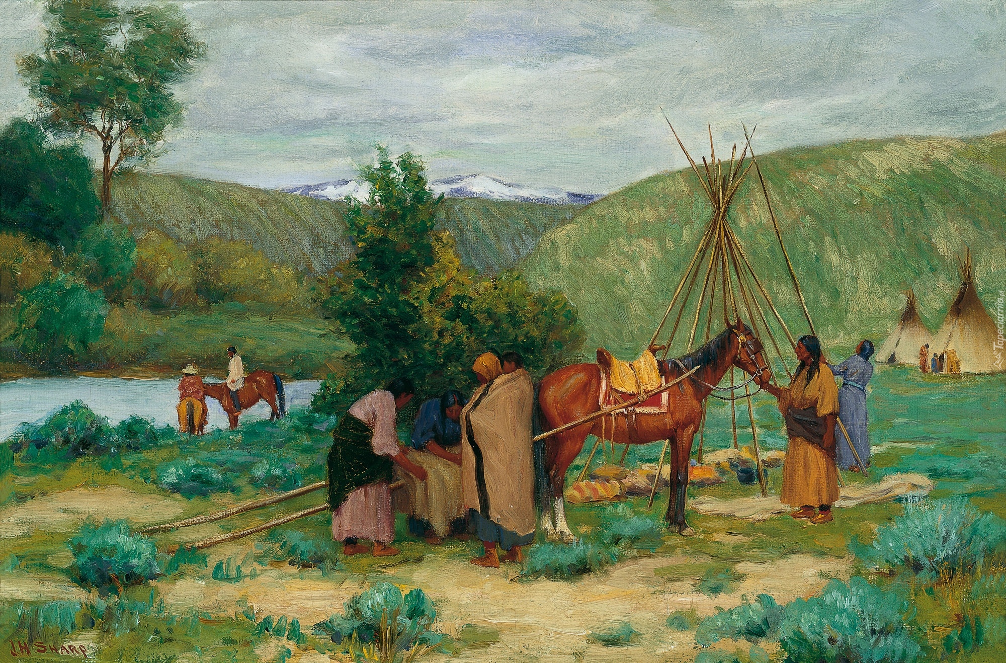 Wzgórza, Rzeka, Drzewa, Indianie, Obóz, Szałas, Malarstwo, Obraz, Joseph Henry Sharp