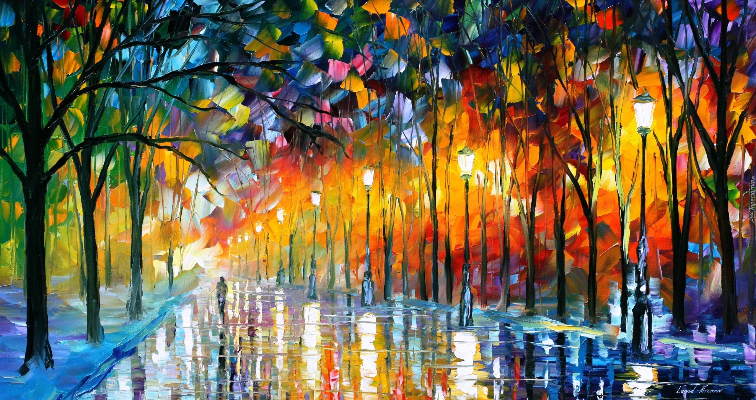 Malarstwo, Leonid Afremov, Park, Aleja, Droga, Latarnie