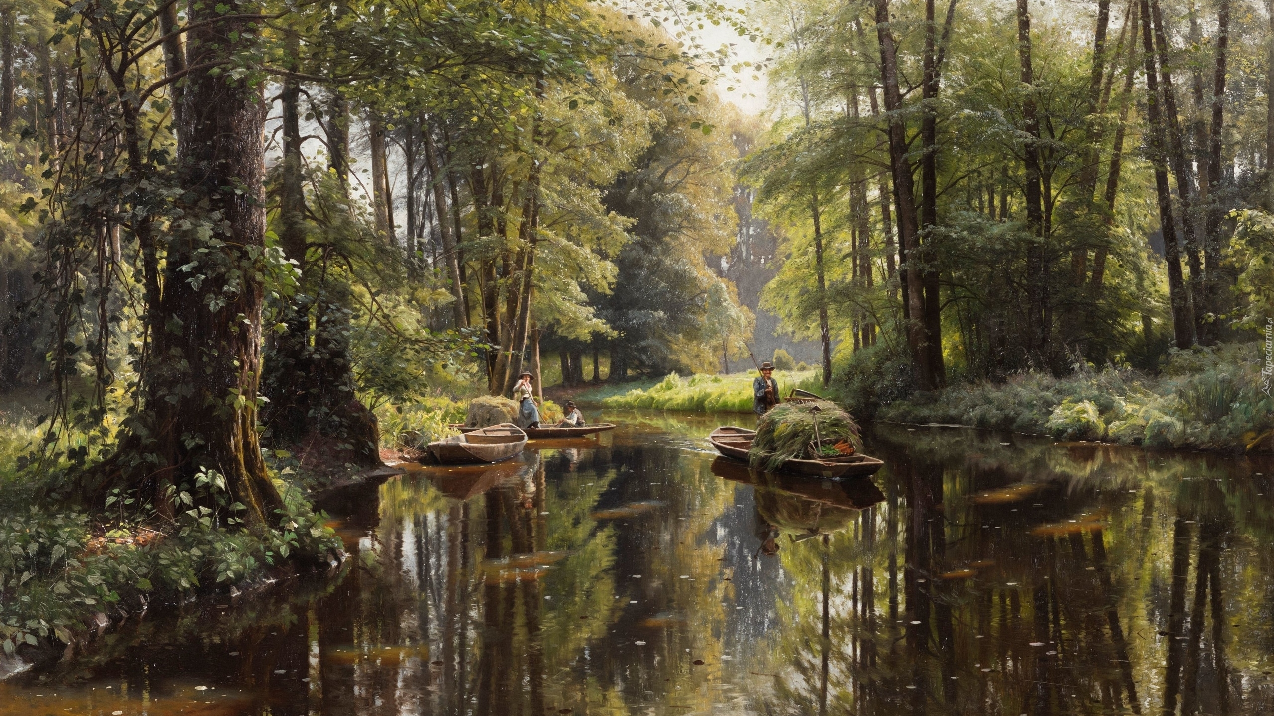 Obraz, Malarstwo, Peder Monsted, Rzeka, Las, Drzewa, Ludzie, Łódki, Szprewald 1913