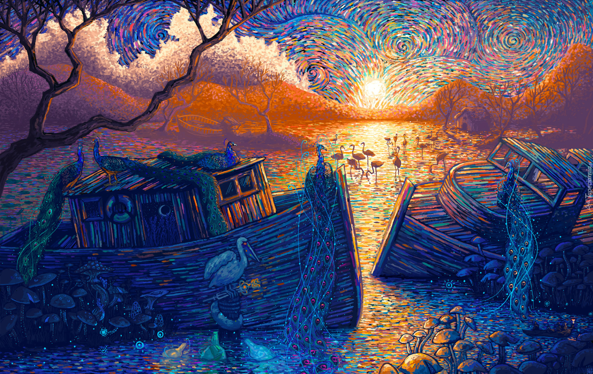 Malarstwo, Impresjonizm, Autor, James R. Eads, Tytuł, The Golden Hour, Łodzie, Woda, Niebo, Słońce, Ptaki, Flamingi, Pawie, Domek, Grzyby, Drzewa