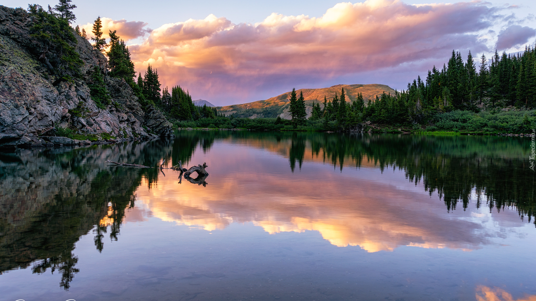 Jezioro, Lost Lake, Przełęcz Cottonwood, Skały, Drzewa, Lasy, Odbicie, Góra, Zachód słońca, Kolorado, Stany Zjednoczone