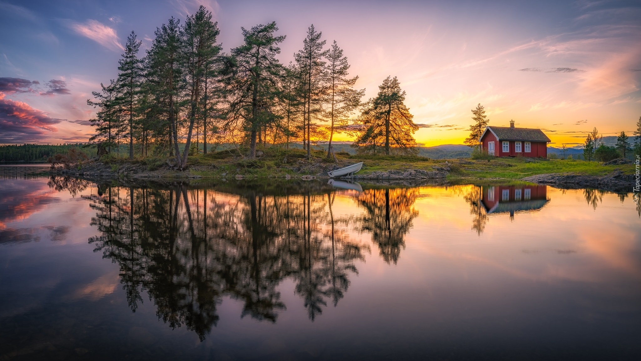 Norwegia, Ringerike, Tyristrand, Jezioro, Vaeleren, Drzewa, Dom, Łódka, Odbicie