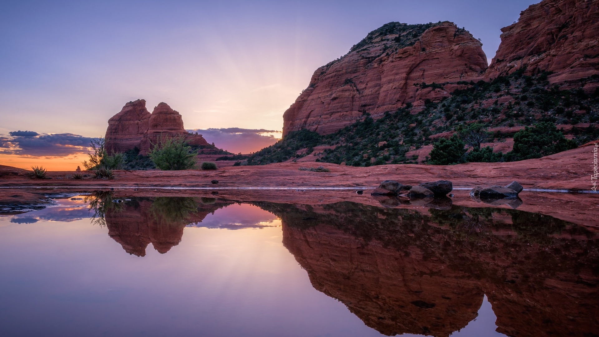 Zachód słońca, Skały, Kałuża, Odbicie, Sedona, Arizona, Stany Zjednoczone