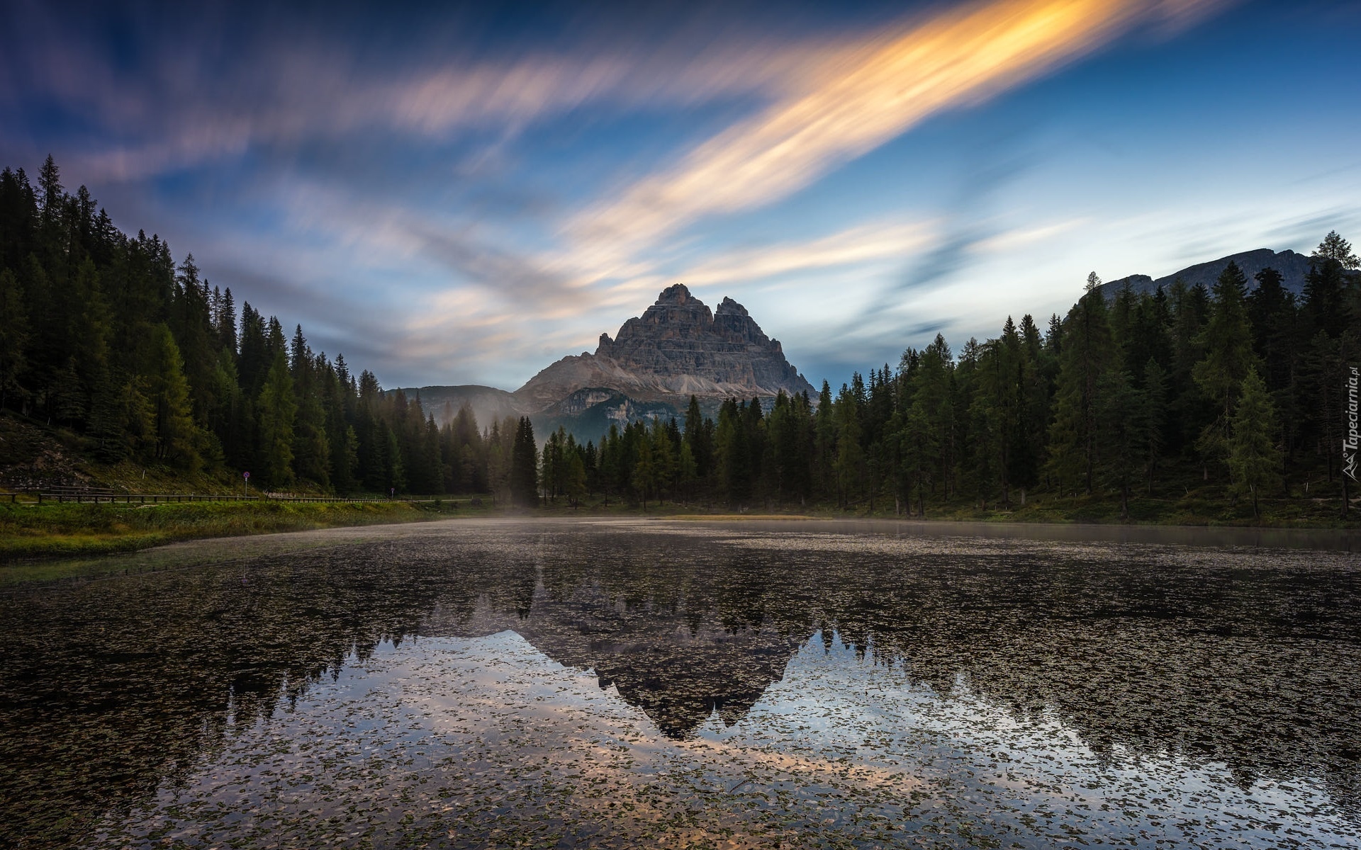 Jezioro, Antorno Lake, Góry, Dolomity, Masyw, Tre Cime di Lavaredo, Drzewa, Odbicie, Prowincja Belluno, Włochy