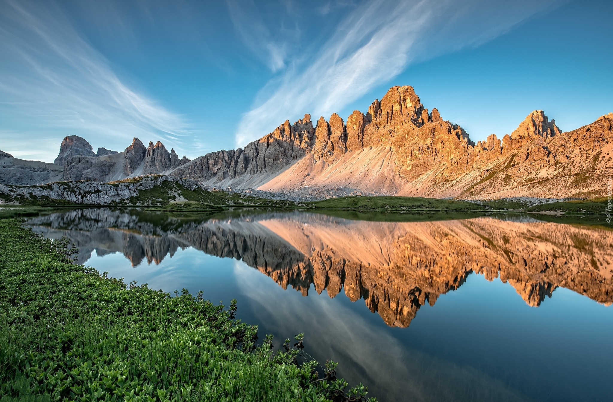 Góry, Dolomity, Góra Paternkofel, Jezioro, Rośliny, Odbicie, Włochy