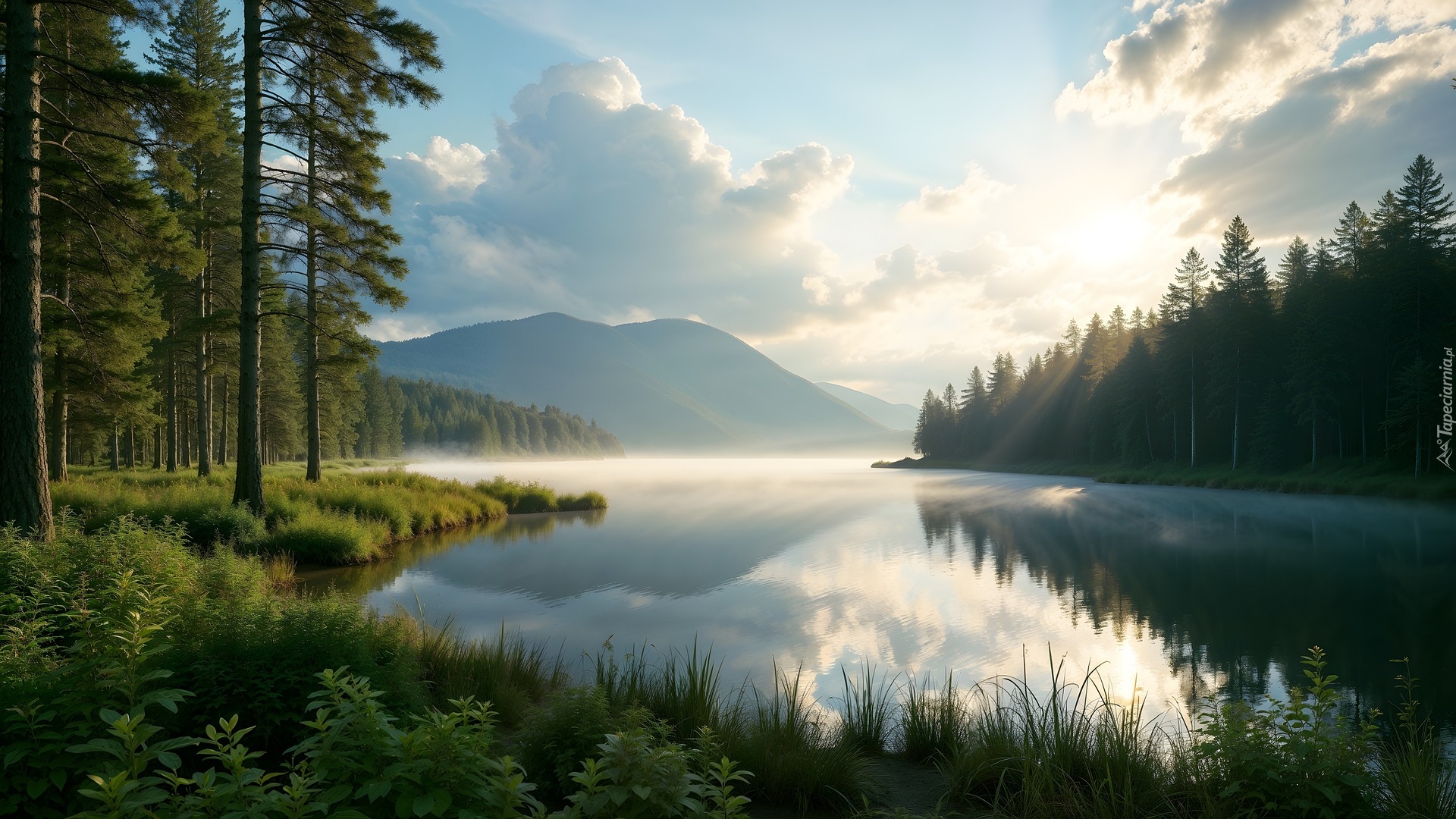 Jezioro, Las, Drzewa, Rośliny, Chmury