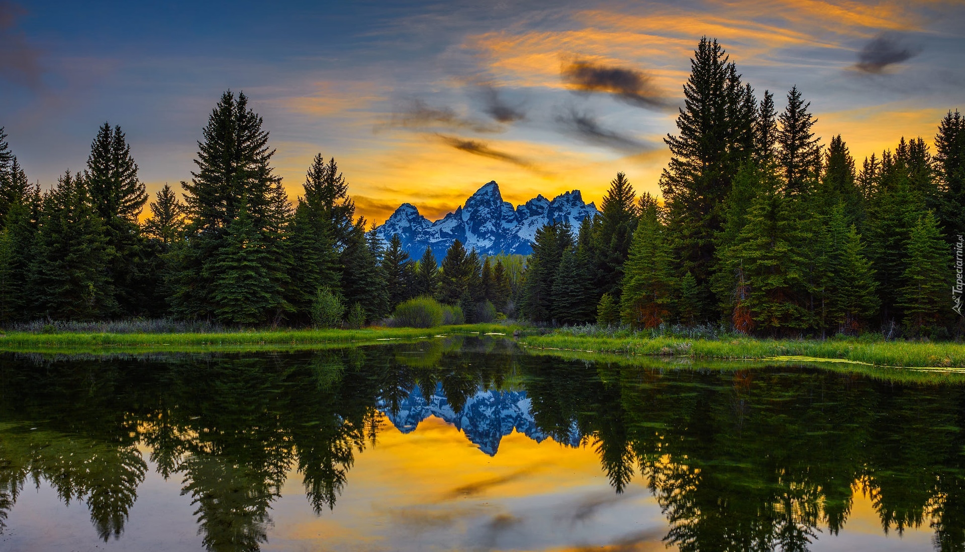 Drzewa, Góry, Teton Range, Rzeka, Snake River, Odbicie, Zachód słońca, Park Narodowy Grand Teton, Wyoming, Stany Zjednoczone