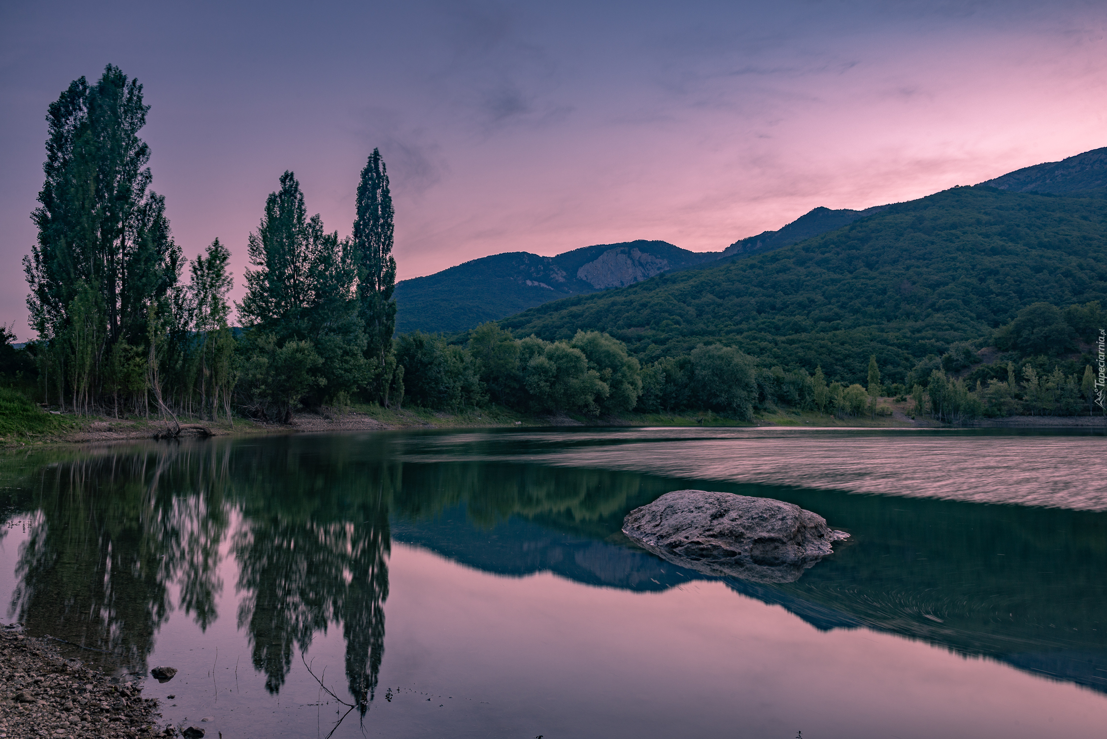 Góry, Jezioro, Kamień, Drzewa, Odbicie