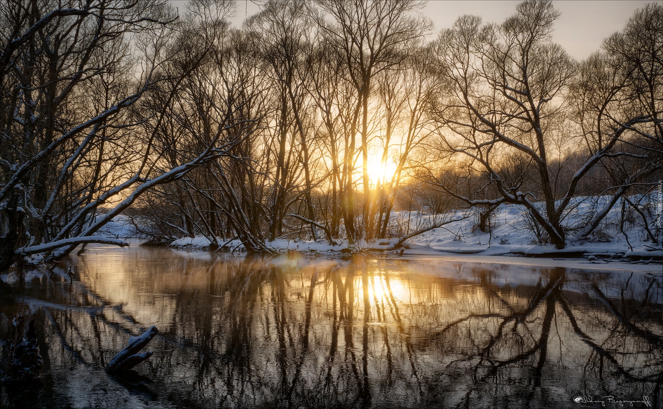 Zima, Rzeka, Drzewa, Słońce, Odbicie