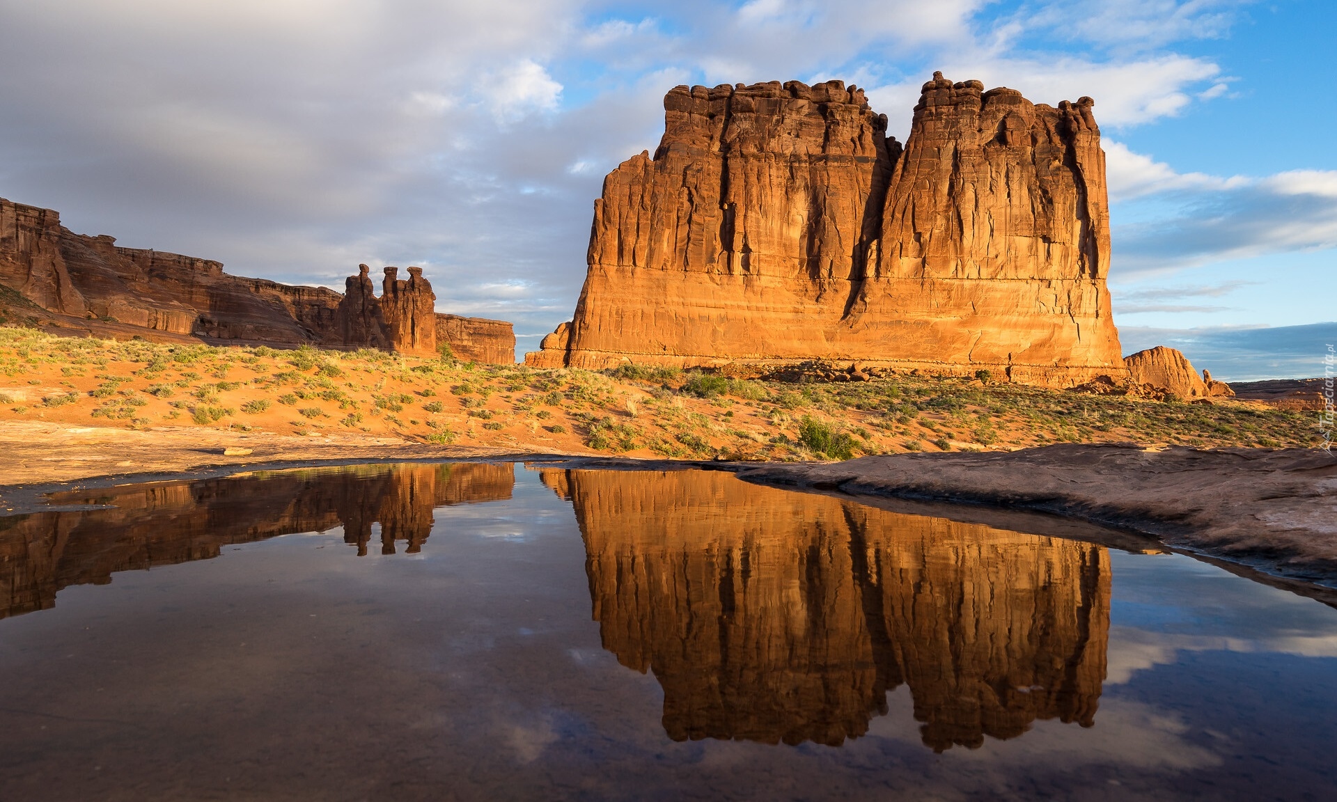 Góry, Skały, Courthouse Towers, Kałuża, Rośliny, Odbicie, Park Narodowy Arches, Utah, Stany Zjednoczone