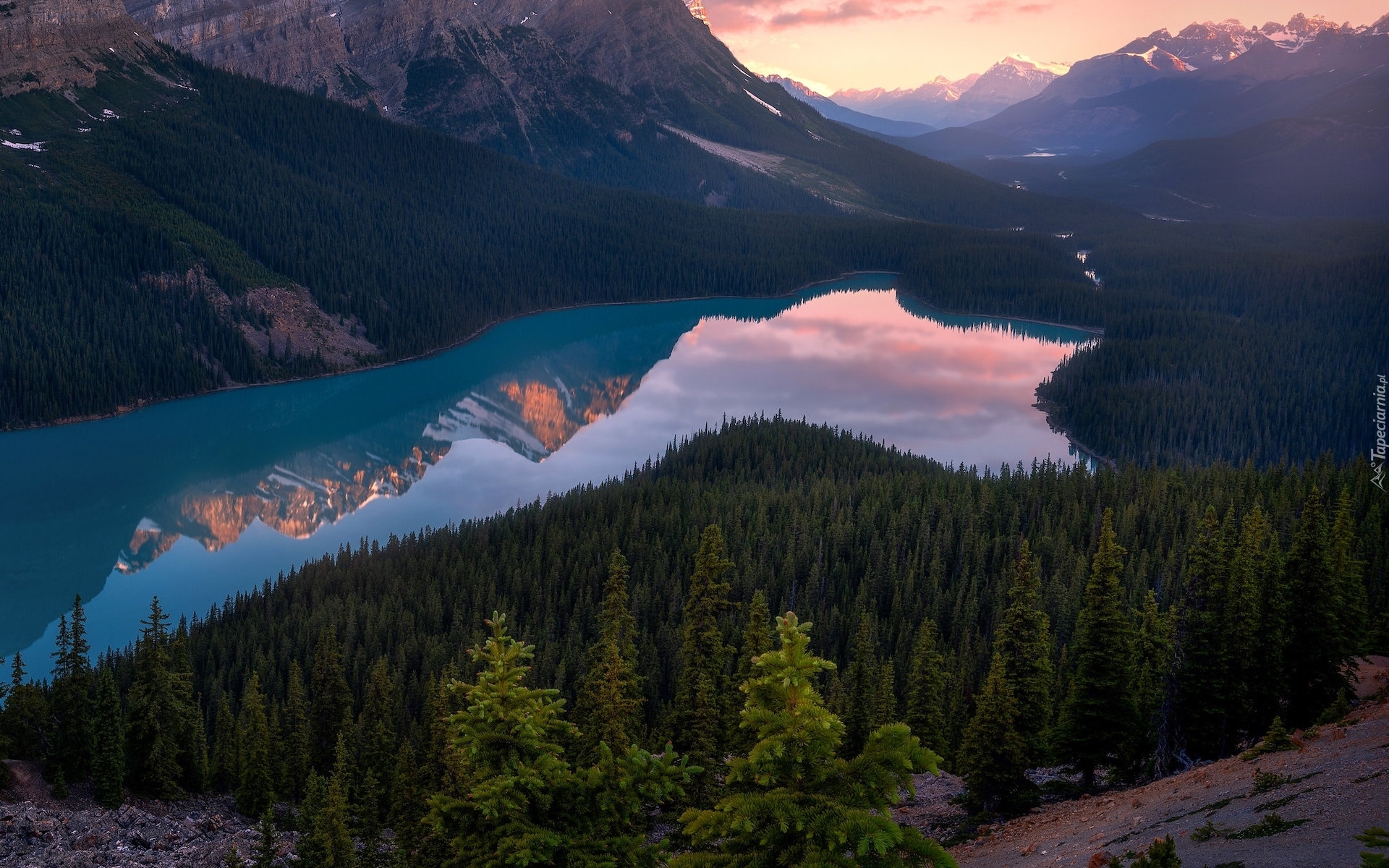 Kanada, Park Narodowy Banff, Jezioro Peyto Lake, Góry Canadian Rockies, Drzewa, Lasy, Zachód słońca, Odbicie