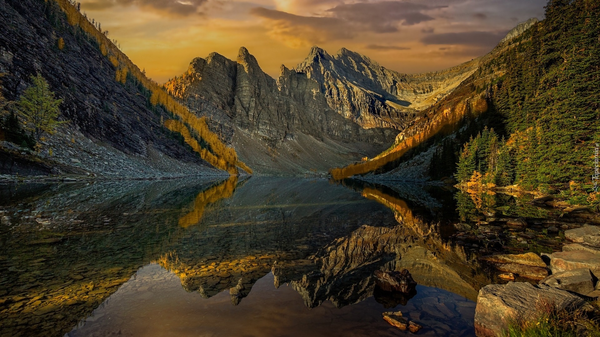 Zalesione, Góry, Canadian Rockies, Jezioro, Agnes Lake, Skały, Odbicie, Park Narodowy Banff, Kanada