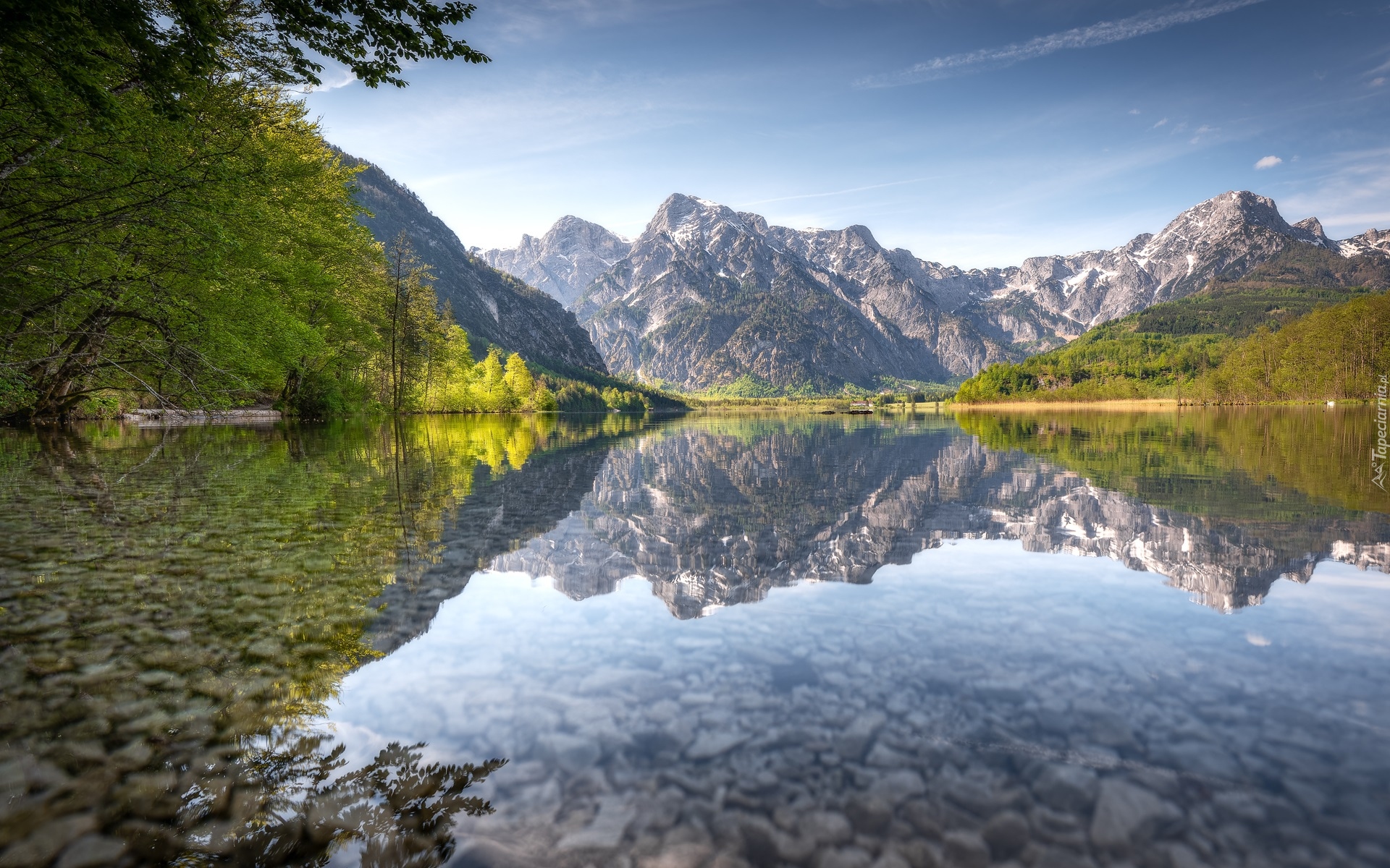 Austria, Almtal, Góry, Odbicie, Jezioro, Almsee, Drzewa, Odbicie