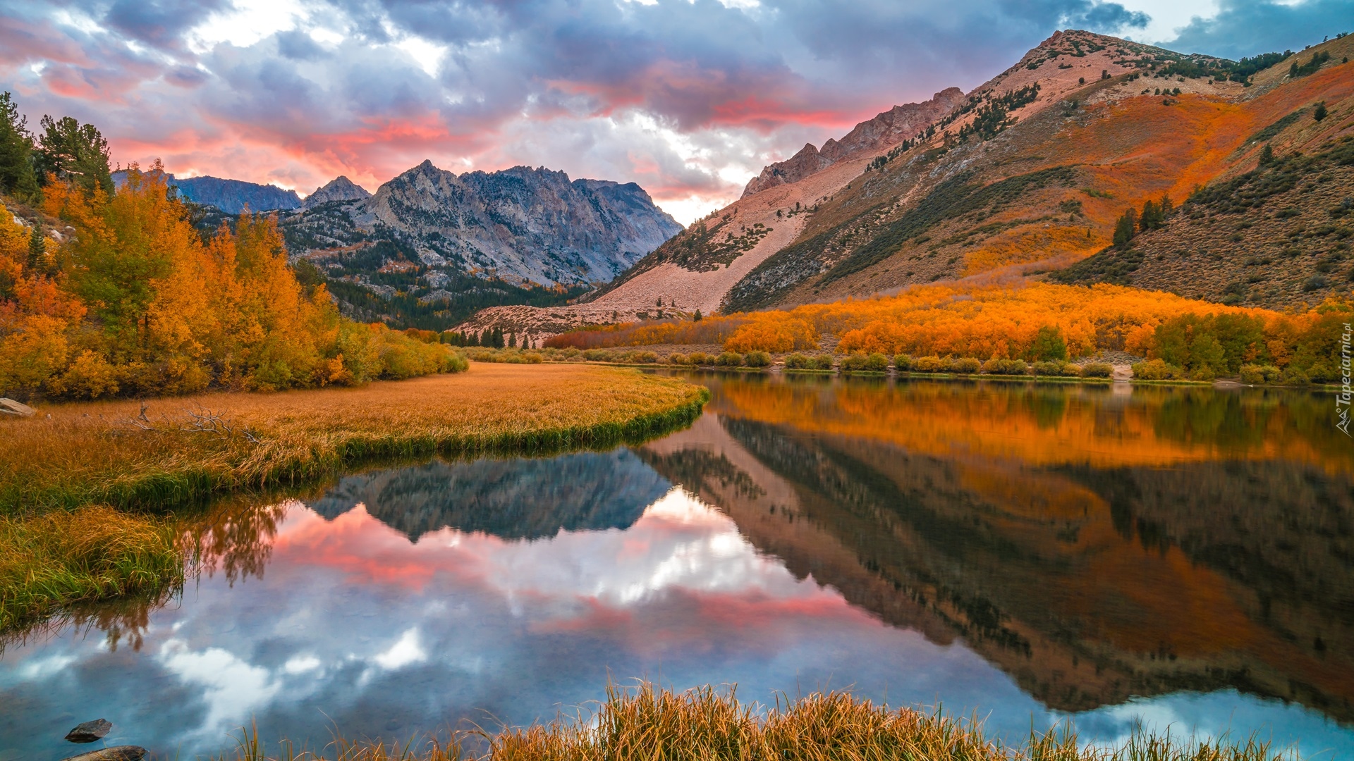 Stany Zjednoczone, Kalifornia, Eastern Sierra, Góry, Jesień, Drzewa, Chmury, Jezioro, North Lake, Odbicie