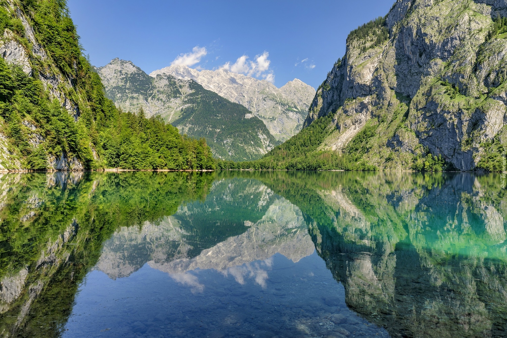 Góry, Odbicie, Jezioro Obersee, Drzewa, Park Narodowy Berchtesgaden, Bawaria, Niemcy