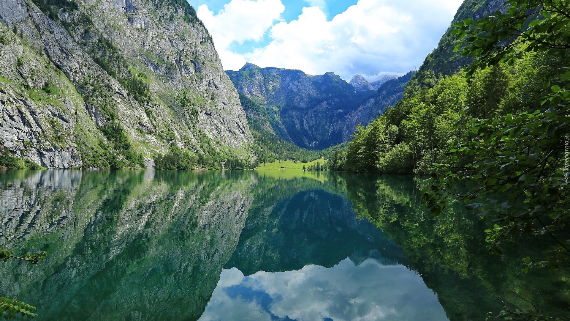 Góry, Jezioro Obersee, Odbicie, Drzewa, Park Narodowy Berchtesgaden, Bawaria, Niemcy