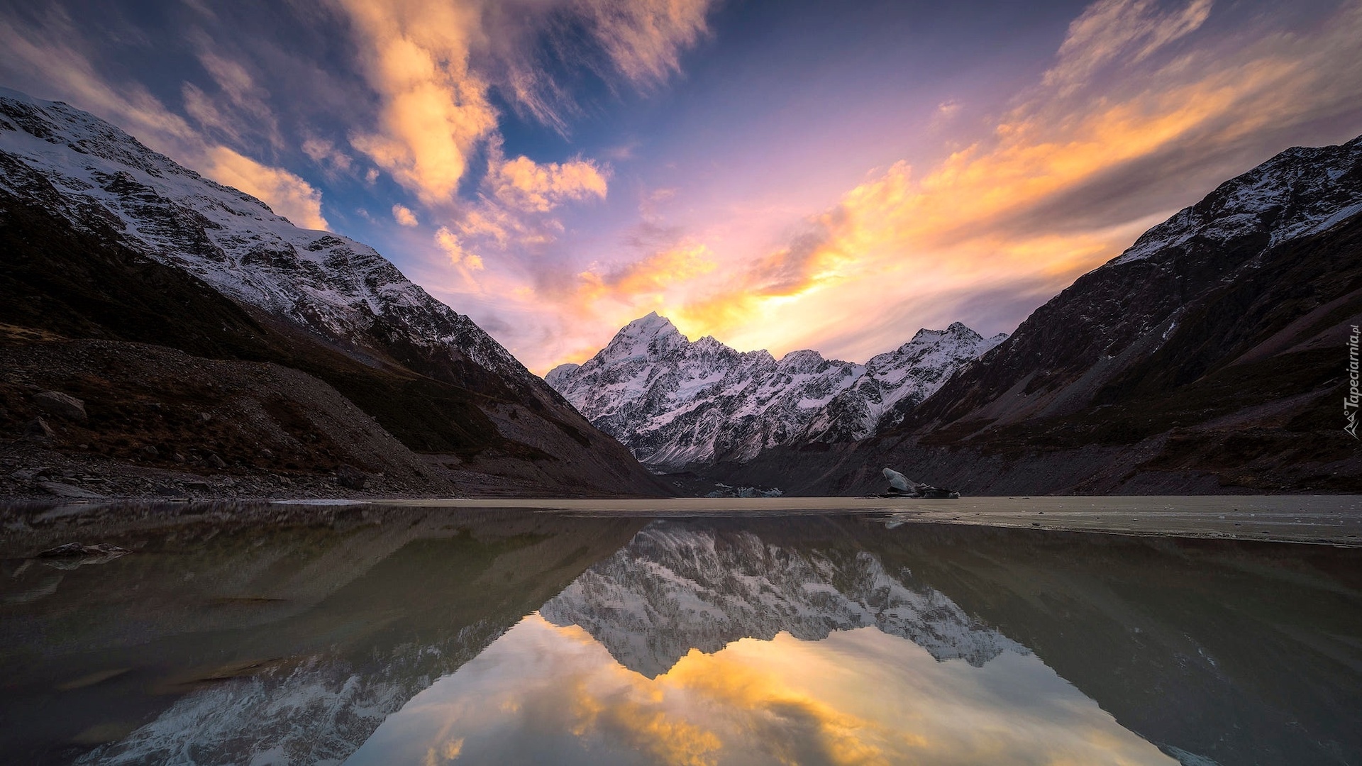 Mount Cook, Góra Cooka, Jezioro, Park Narodowy Góry Cooka, Wyspa Południowa, Nowa Zelandia