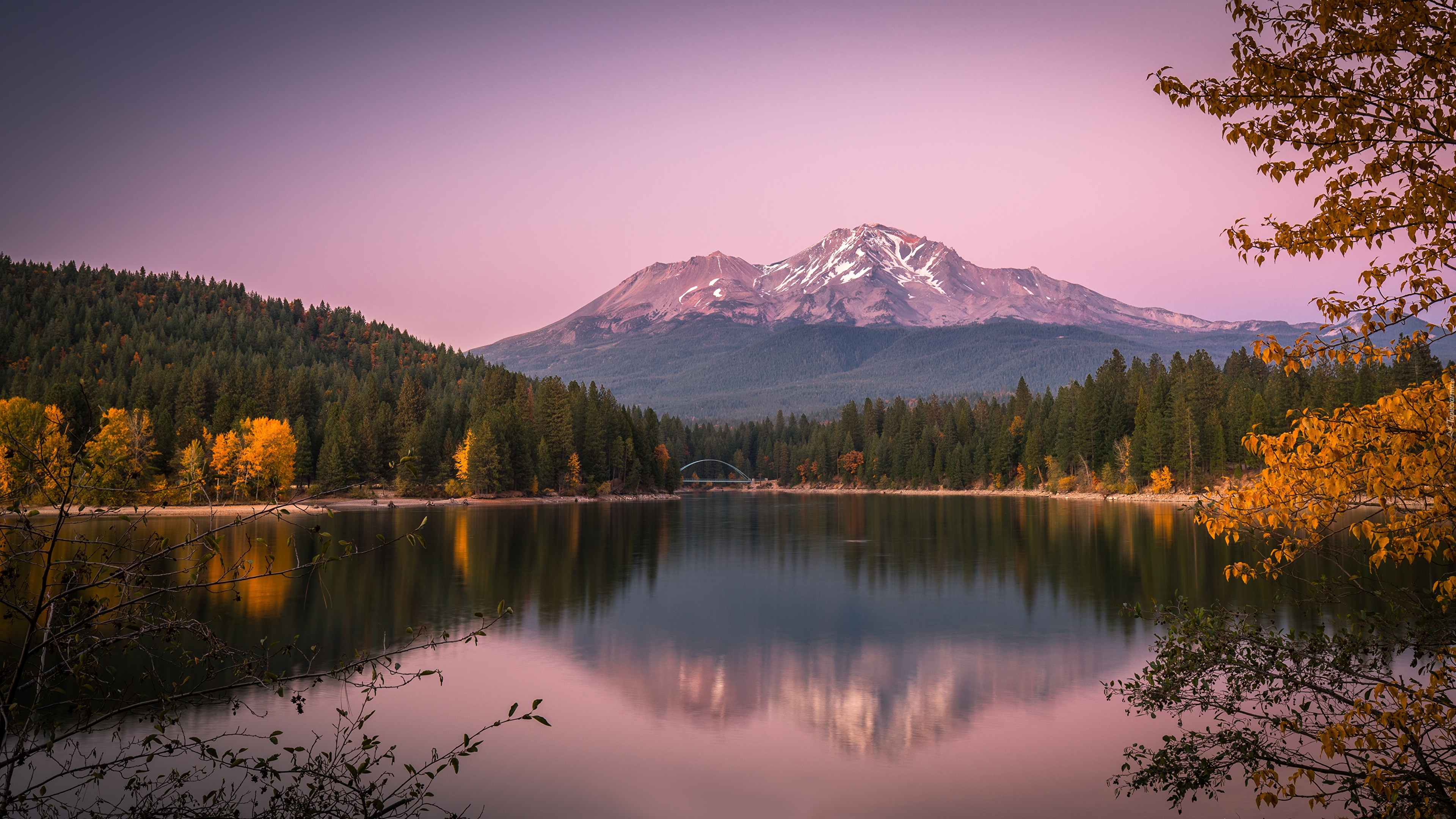 Jezioro, Lake Siskiyou, Góry, Stratowulkan, Mount Shasta, Odbicie, Lasy, Drzewa, Kalifornia, Stany Zjednoczone