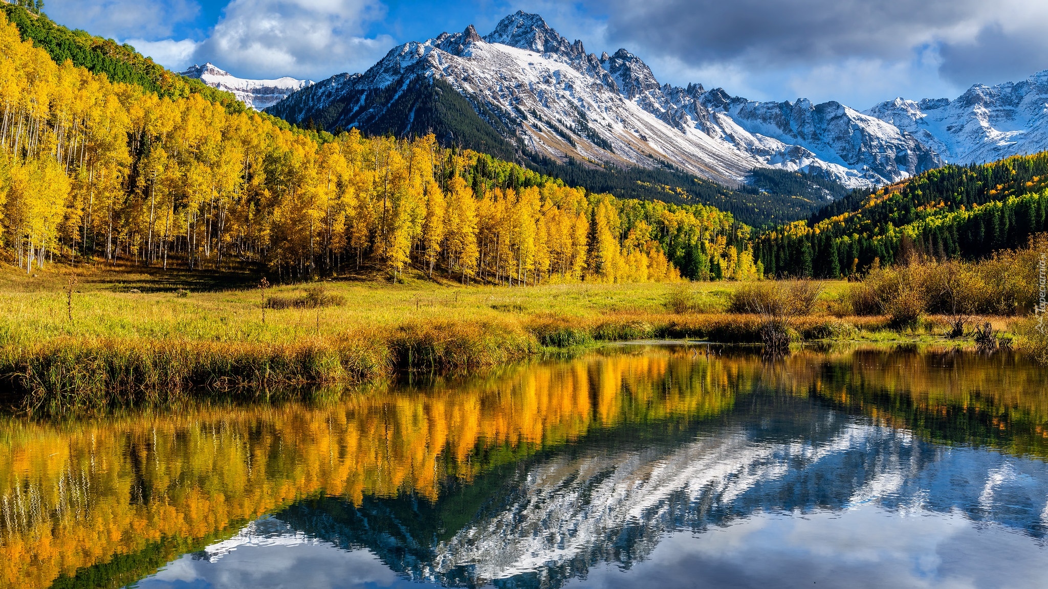 Góry, San Juan Mountains, Góra, Mount Sneffels, Jezioro, Blue Lake, Las, Drzewa, Jesień, Stan Kolorado, Stany Zjednoczone