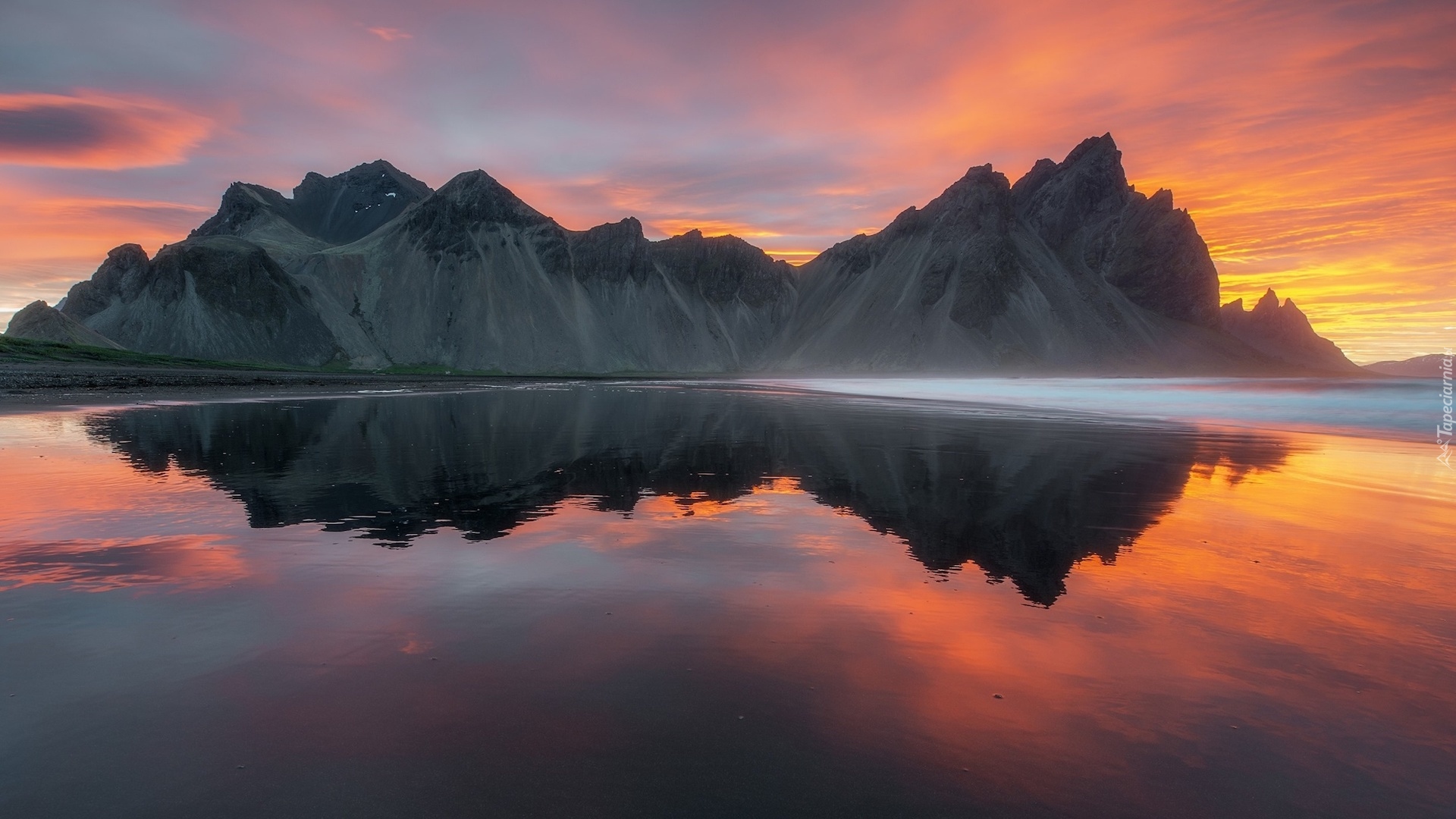 Morze, Góry, Zachód słońca, Odbicie, Góra, Vestrahorn, Islandia