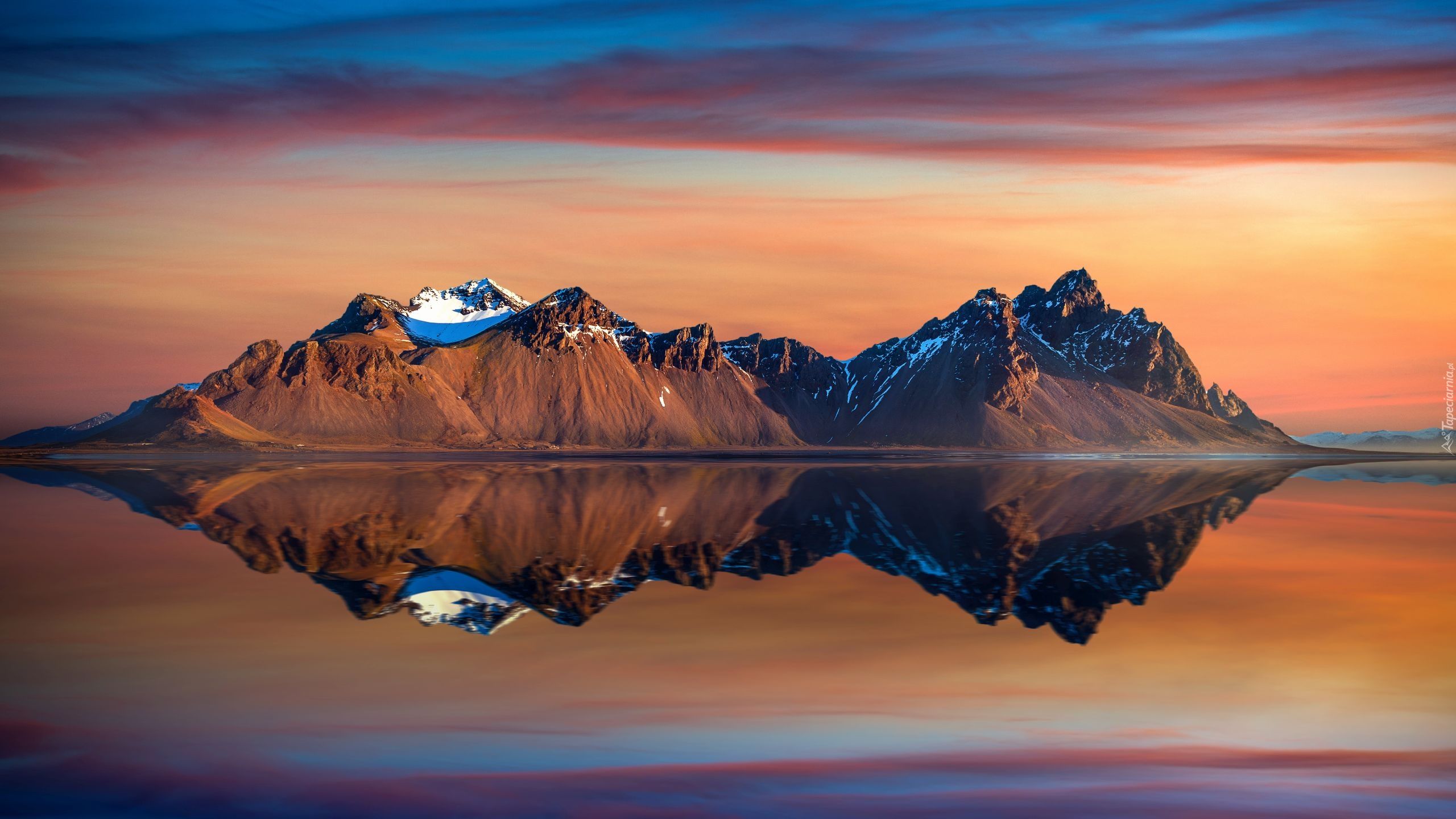 Góry, Góra Vestrahorn, Plaża Stokksnes, Zachód słońca, Odbicie, Islandia