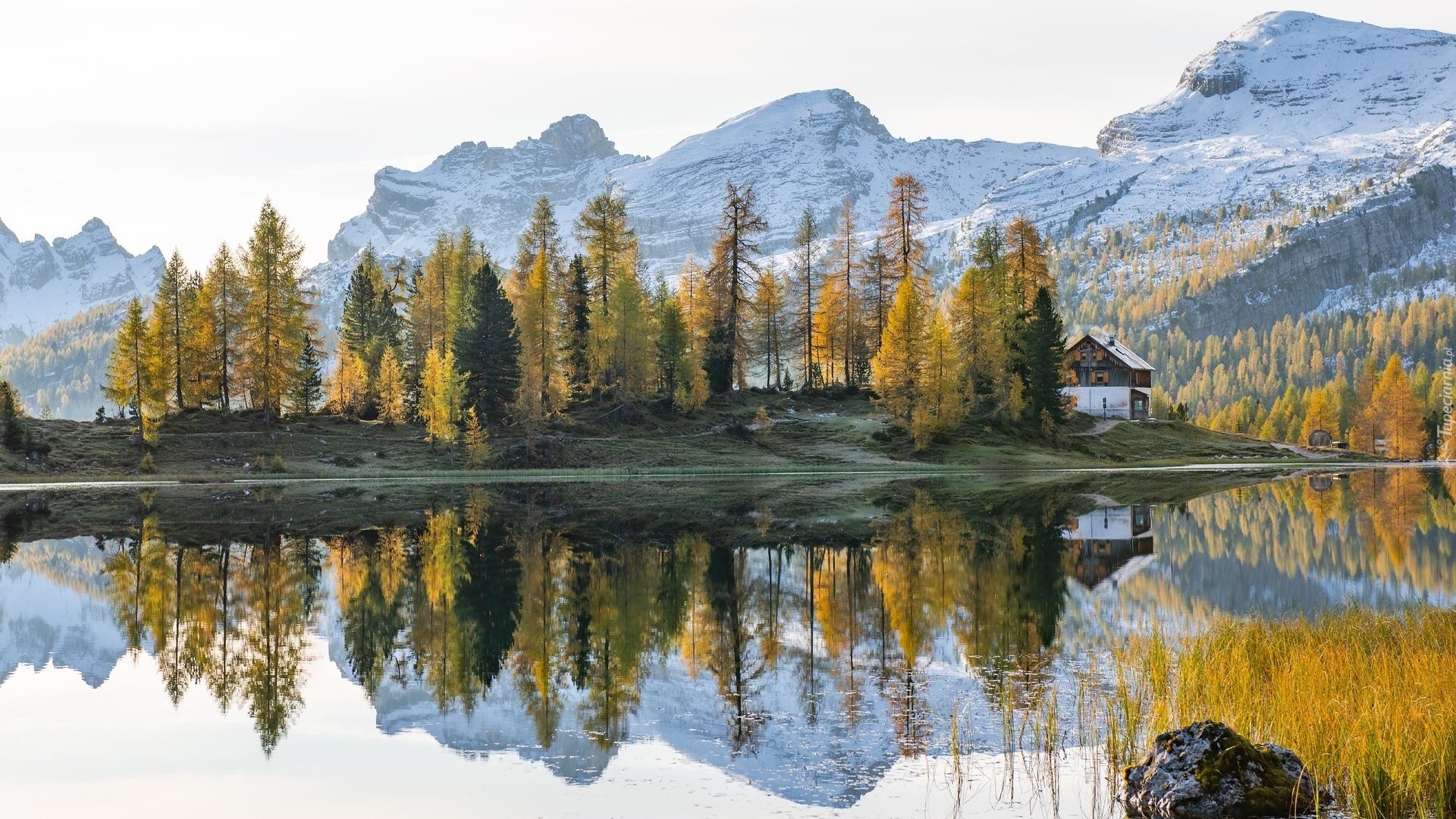 Góry, Dolomity, Jezioro, Jesień, Odbicie