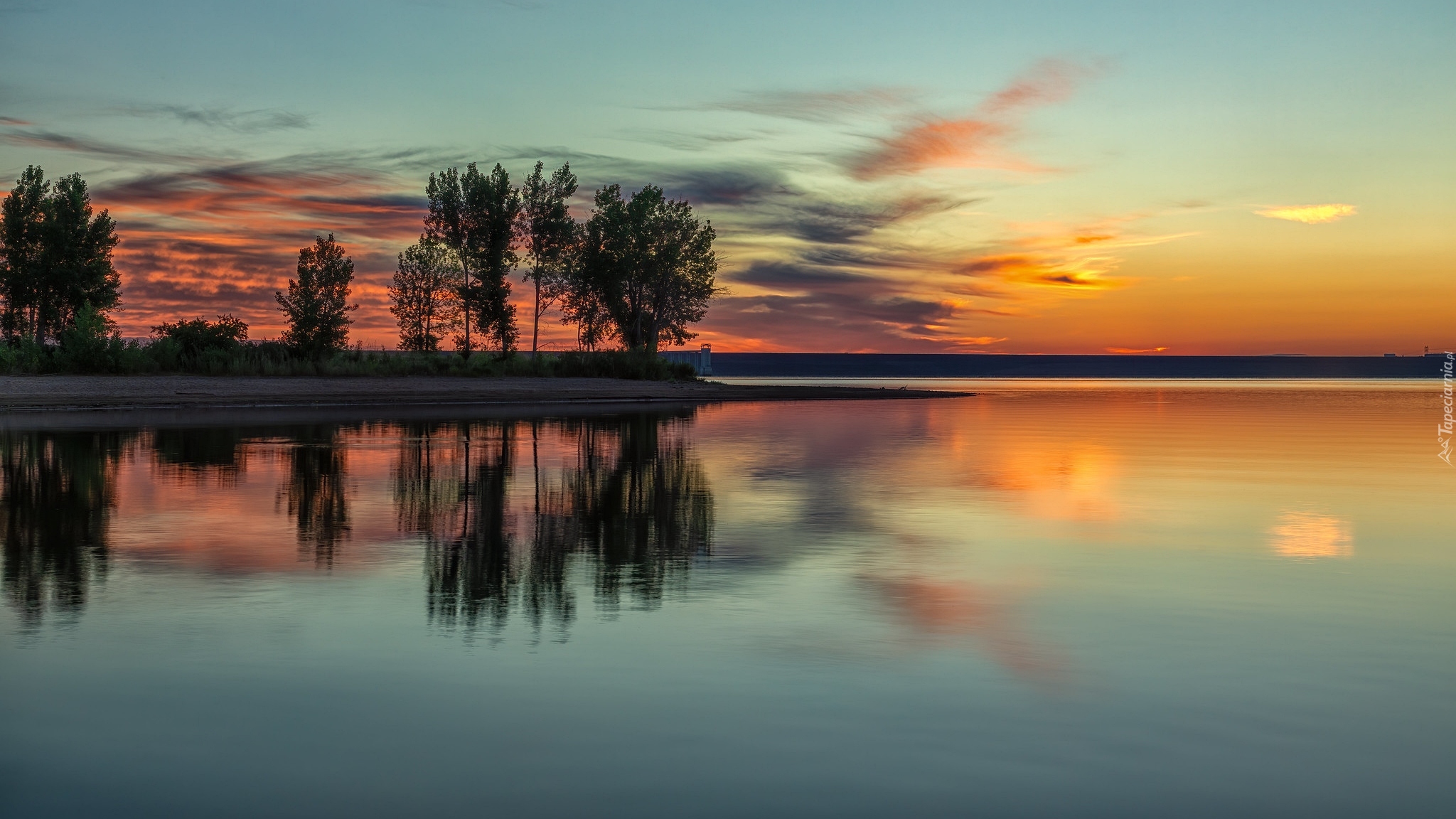 Stany Zjednoczone, Kolorado, Park stanowy, Chatfield State Park, Jezioro, Chatfield Lake, Drzewa, Chmury