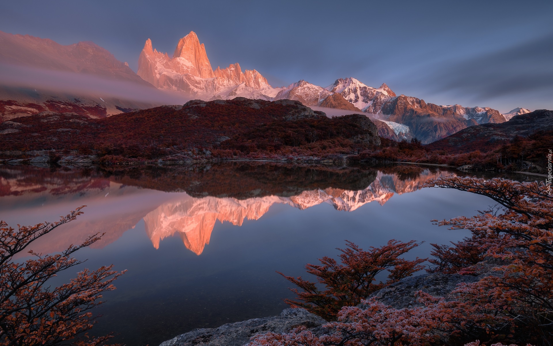 Argentyna, Patagonia, Park Narodowy Los Glaciares, Góra, Fitz Roy, Jezioro, Drzewa, Odbicie