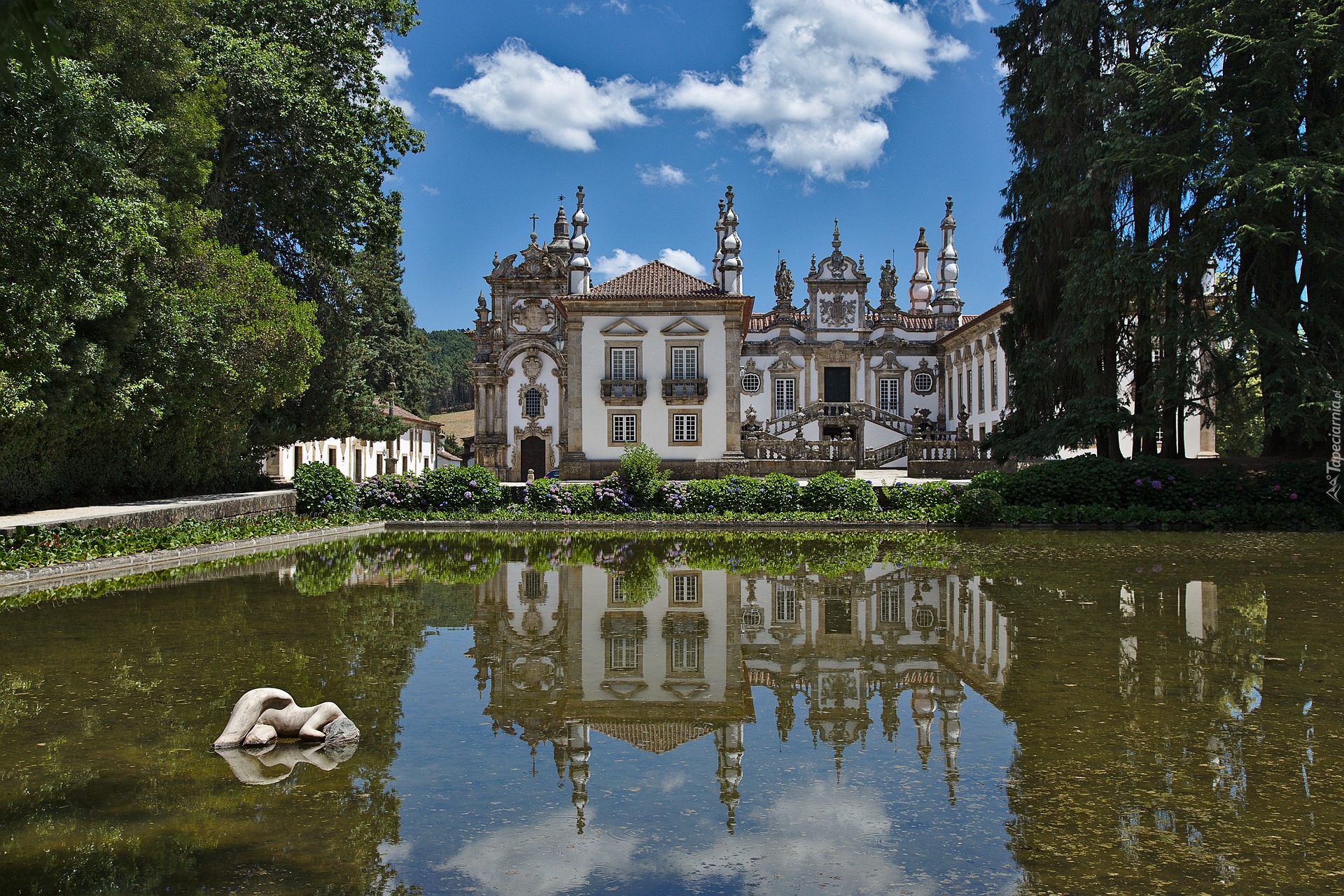 Pałac, Casa de Mateus, Drzewa, Staw, Vila Real, Portugalia