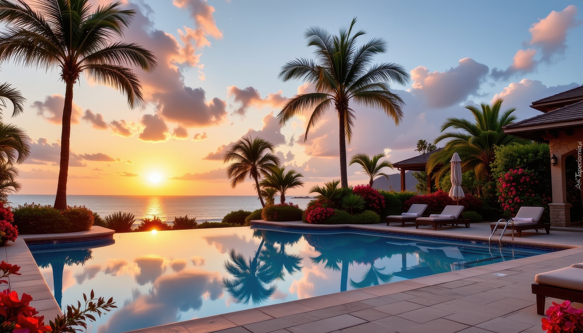 Basen, Palmy, Morze, Zachód słońca, Grafika AI