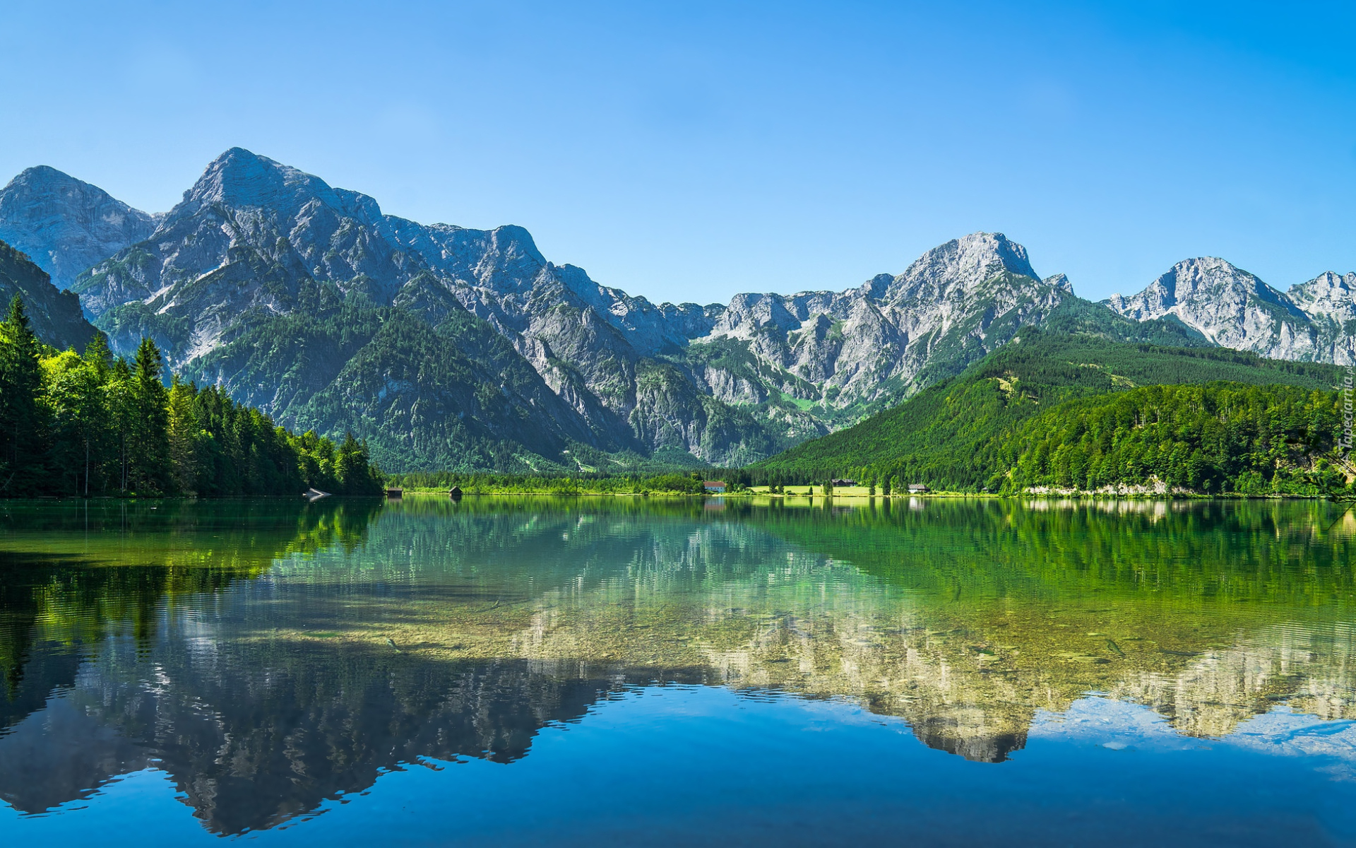 Góry, Lasy, Drzewa, Niebo, Jezioro, Odbicie