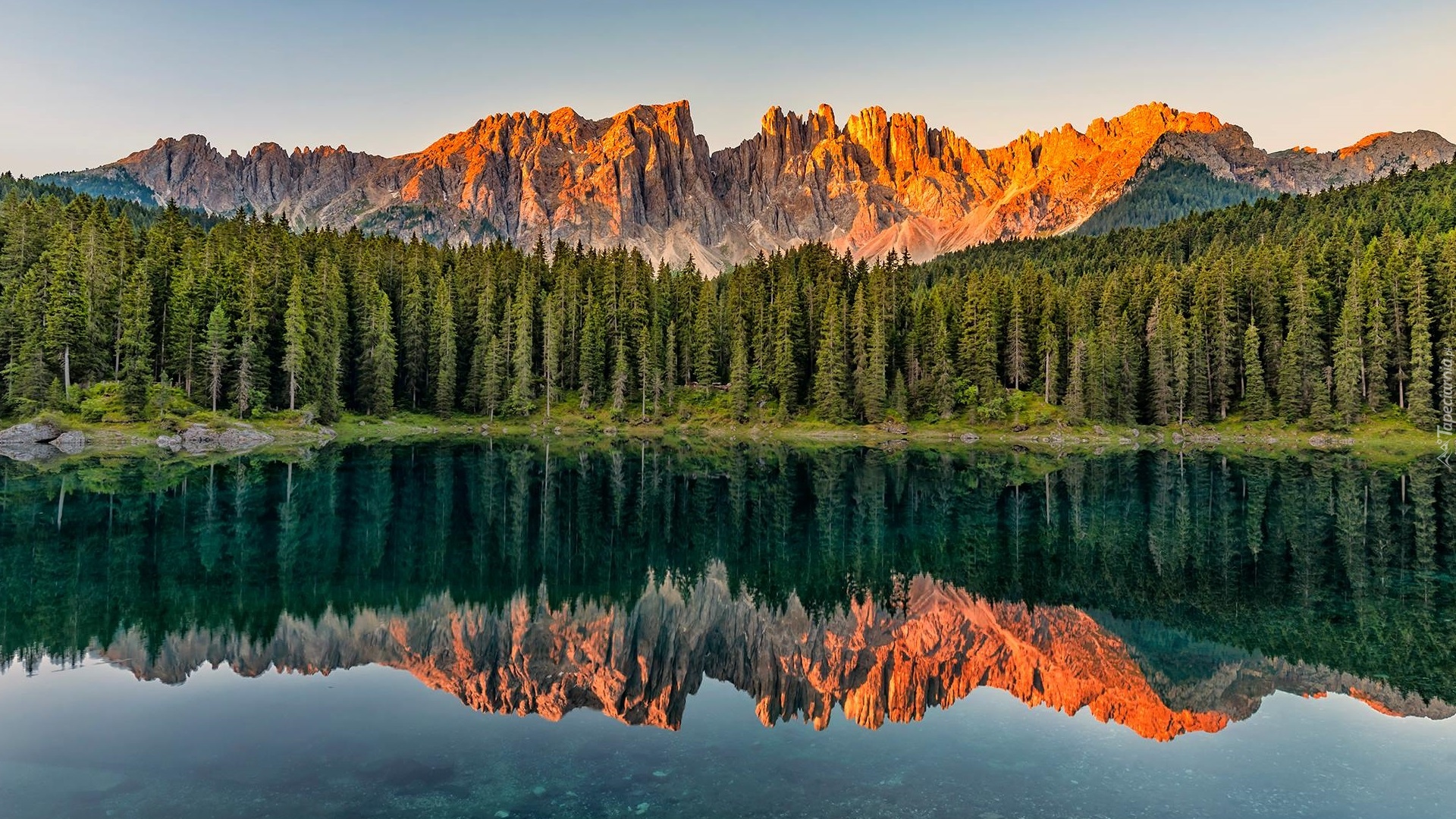 Jezioro, Lago di Carezza, Góry, Alpy, Dolomity, Las, Drzewa, Południowy Tyrol, Włochy