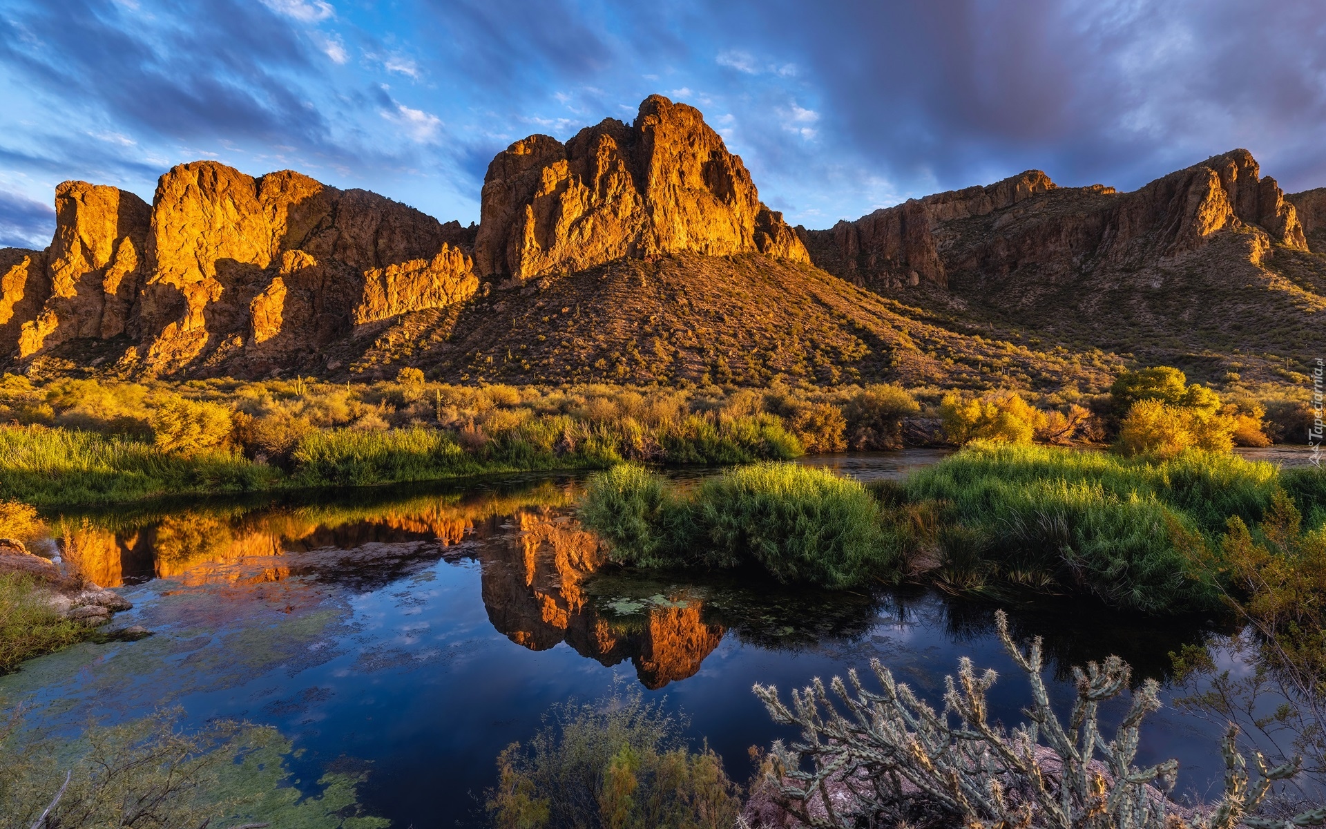 Stany Zjednoczone, Arizona, Góry, Goldfield Mountains, Rzeka, Salt River, Roślinność, Chmury