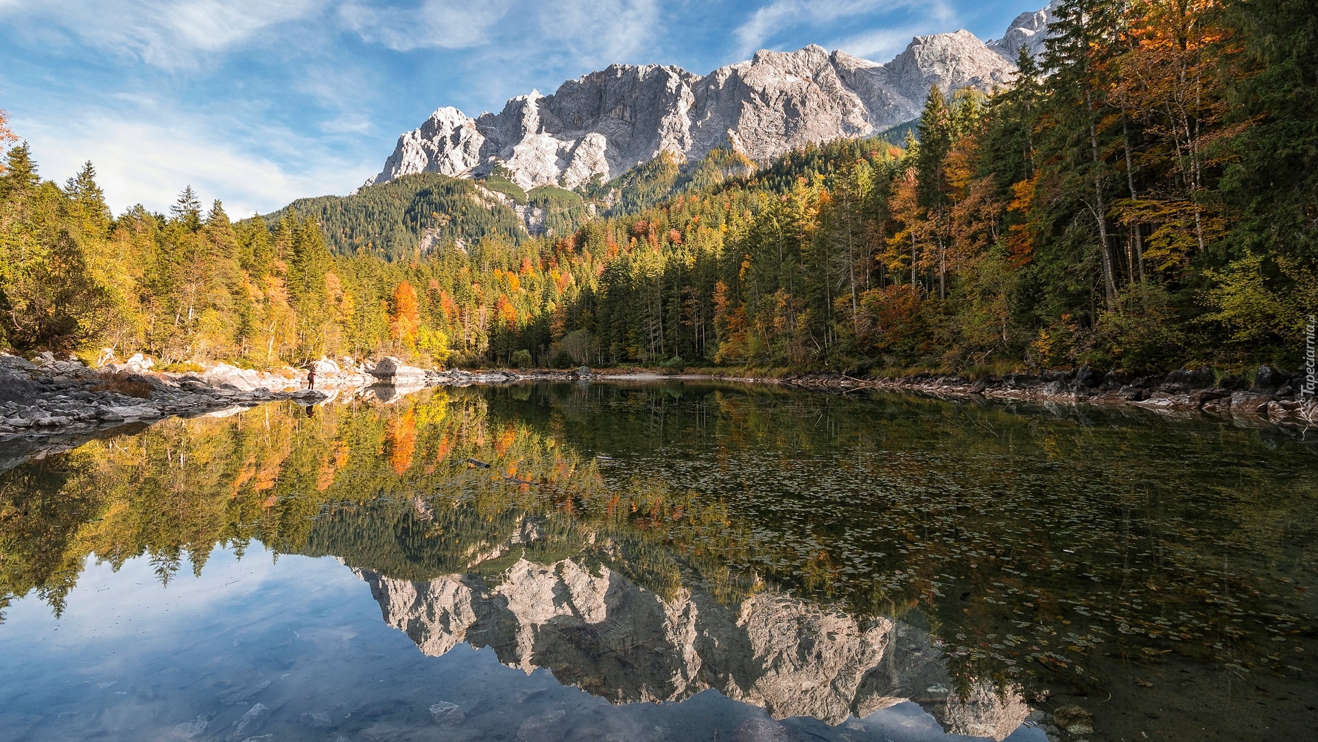 Góry, Jezioro Eibsee, Drzewa, Odbicie, Bawaria, Niemcy