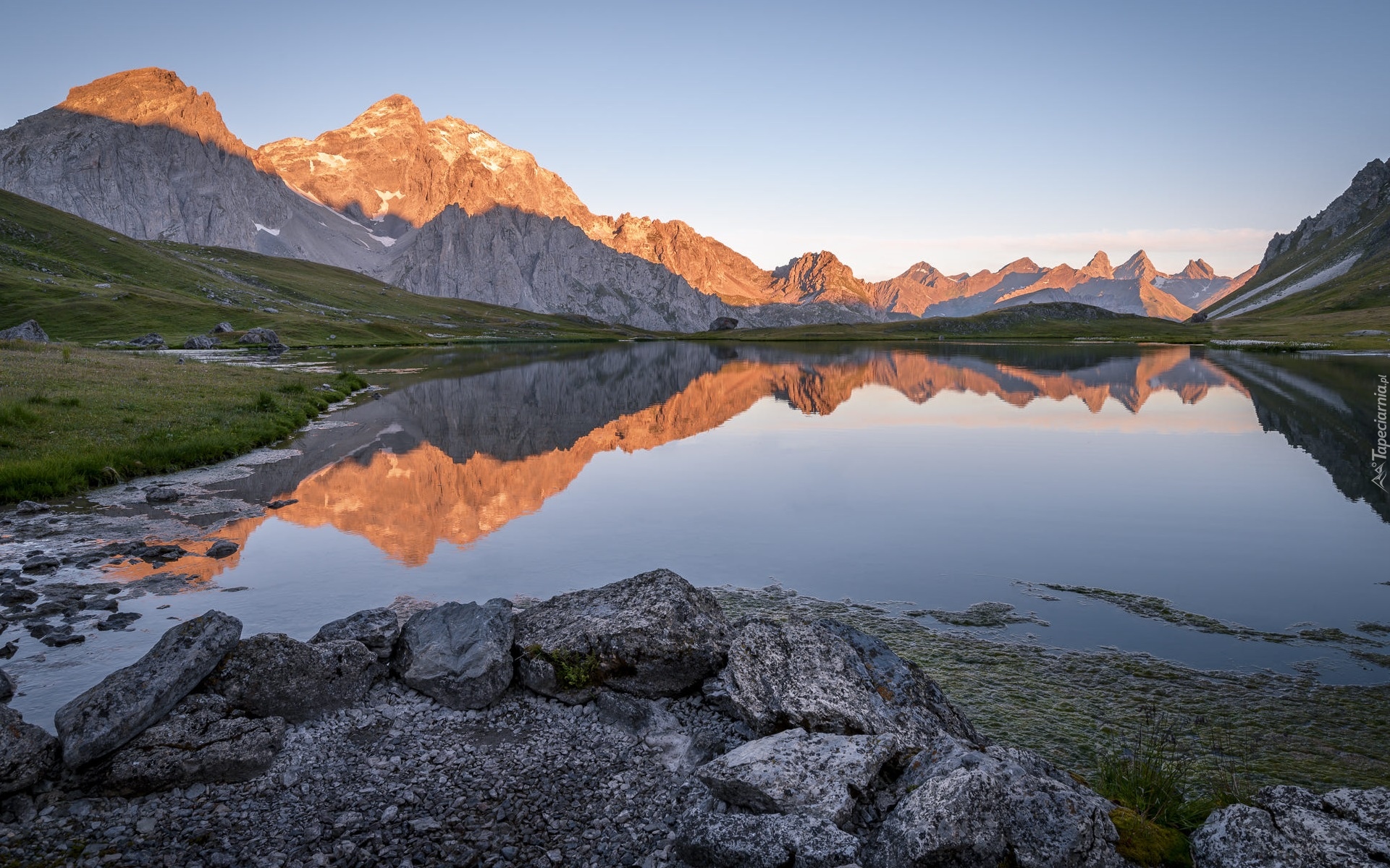 Francja, Góry, Jezioro, Lac des Cerces, Kamienie, Odbicie