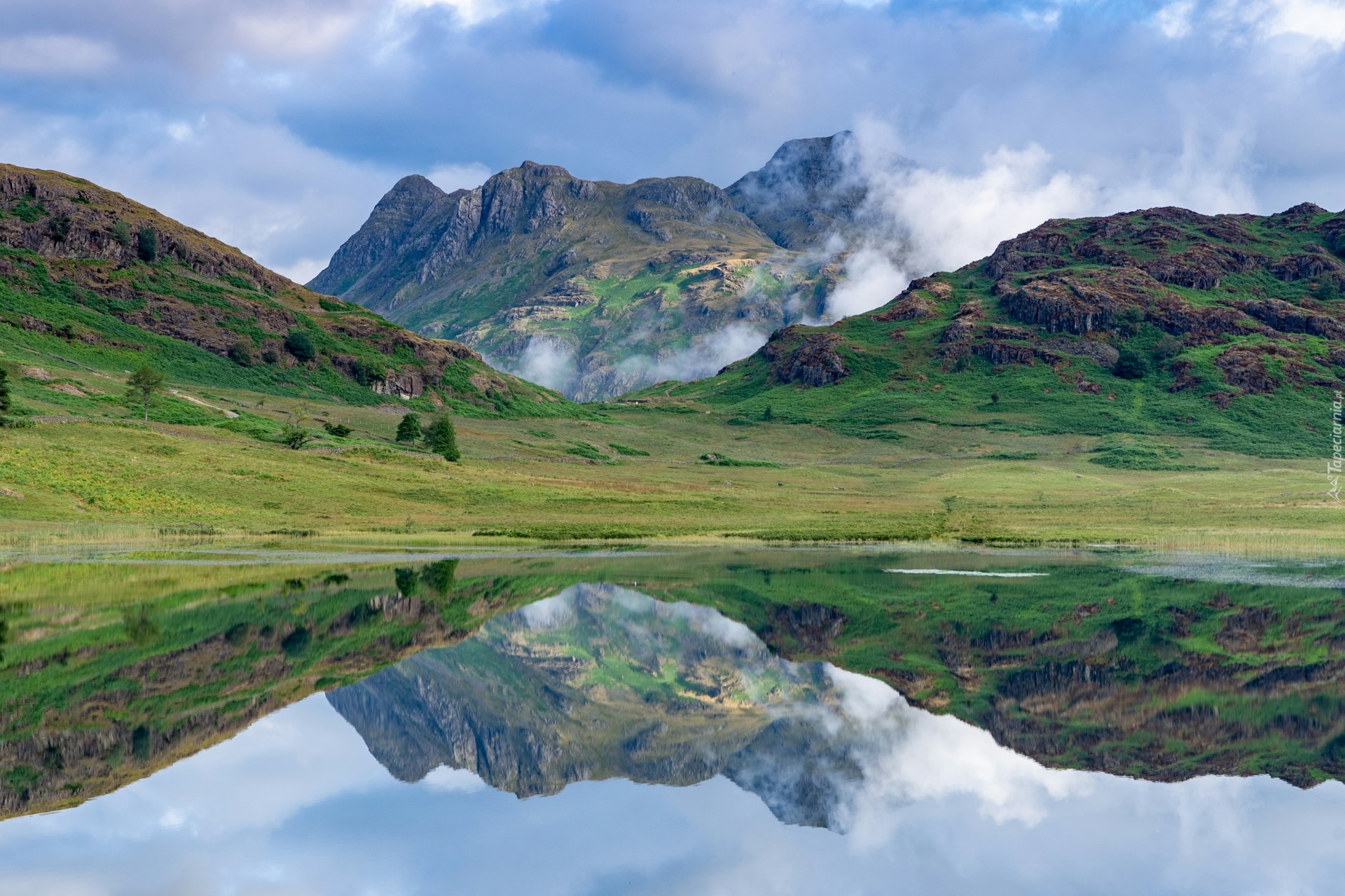 Jezioro, Elter Water Lake, Góry, Langdale Pikes, Szczyty, Mgła, Odbicie, Niebo, Park Narodowy Lake District, Anglia
