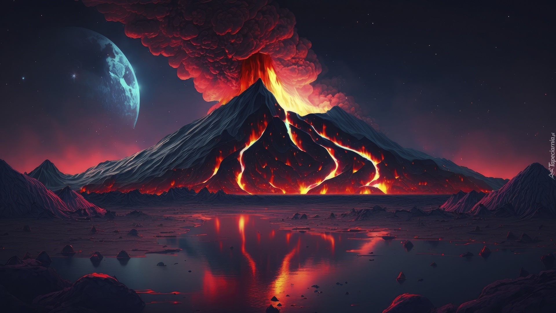 Noc, Wulkan, Erupcja, Ogień, Dym, Księżyc, Jezioro, Odbicie, Grafika AI