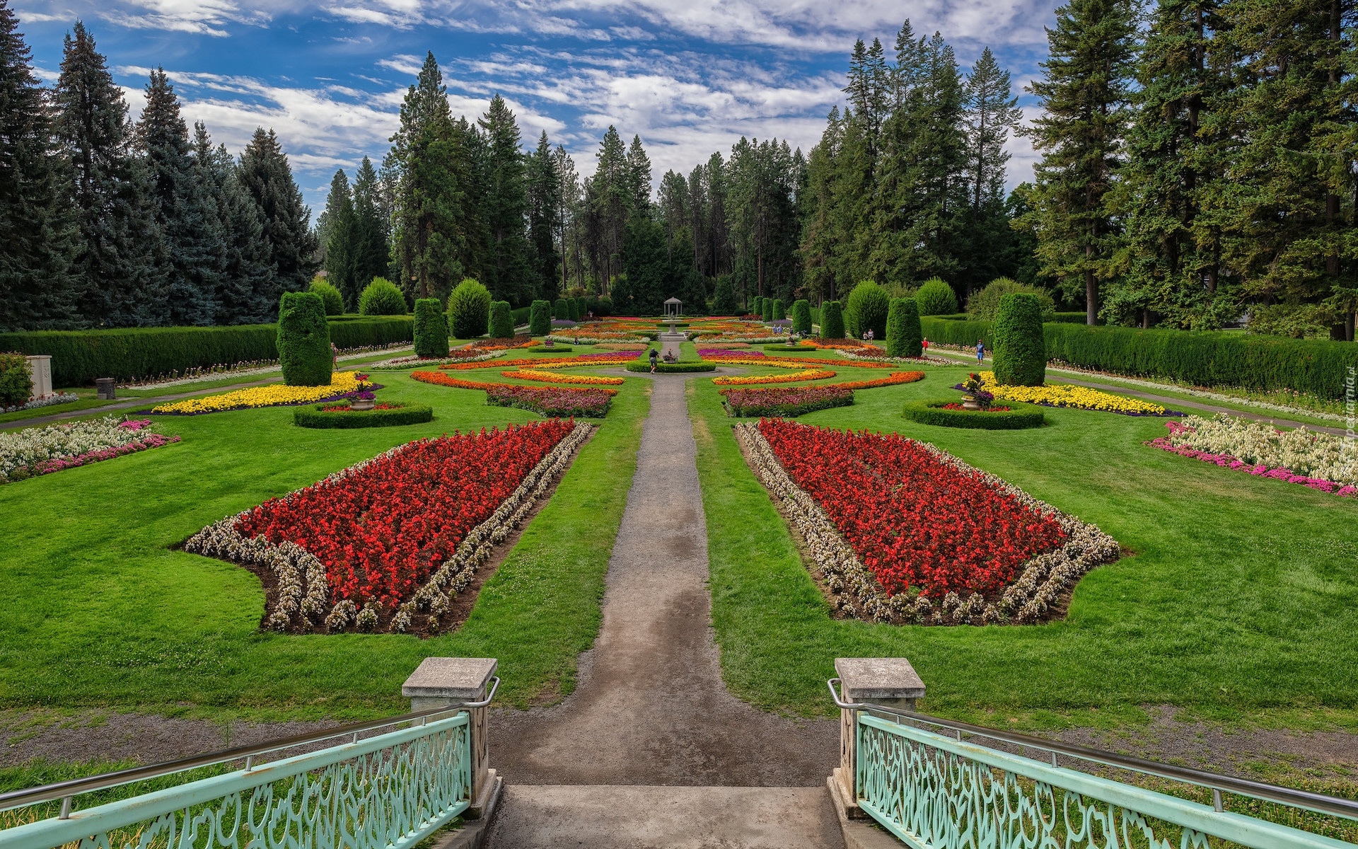 Stany Zjednoczone, Waszyngton, Spokane, Manito Park, Ogród, Duncan Garden, Drzewa, Kwiaty, Schody