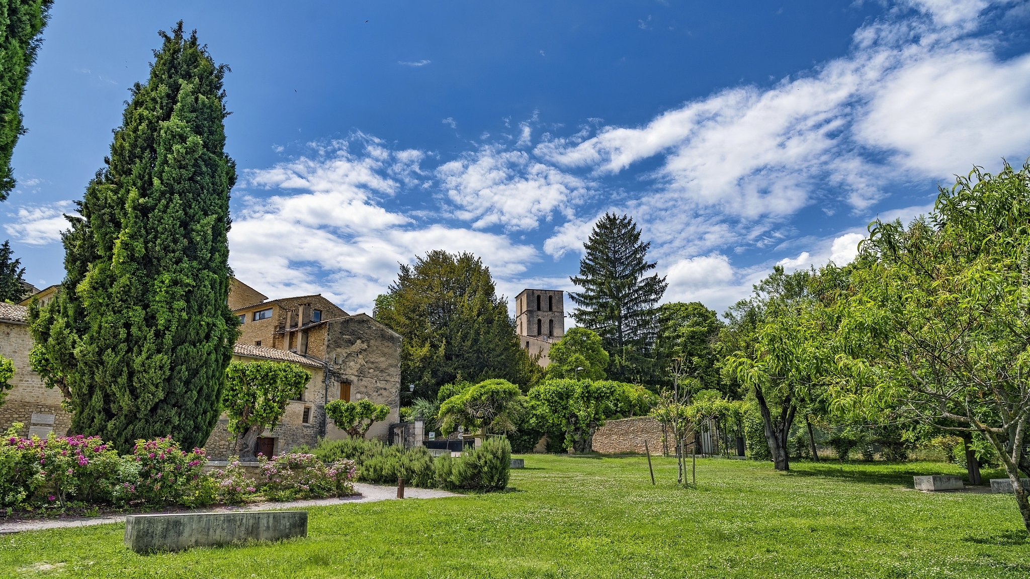 Drzewa, Krzewy, Budynki, Ogród, Klasztor Kordelierów, Couvent des Cordeliers, Forcalquier, Francja