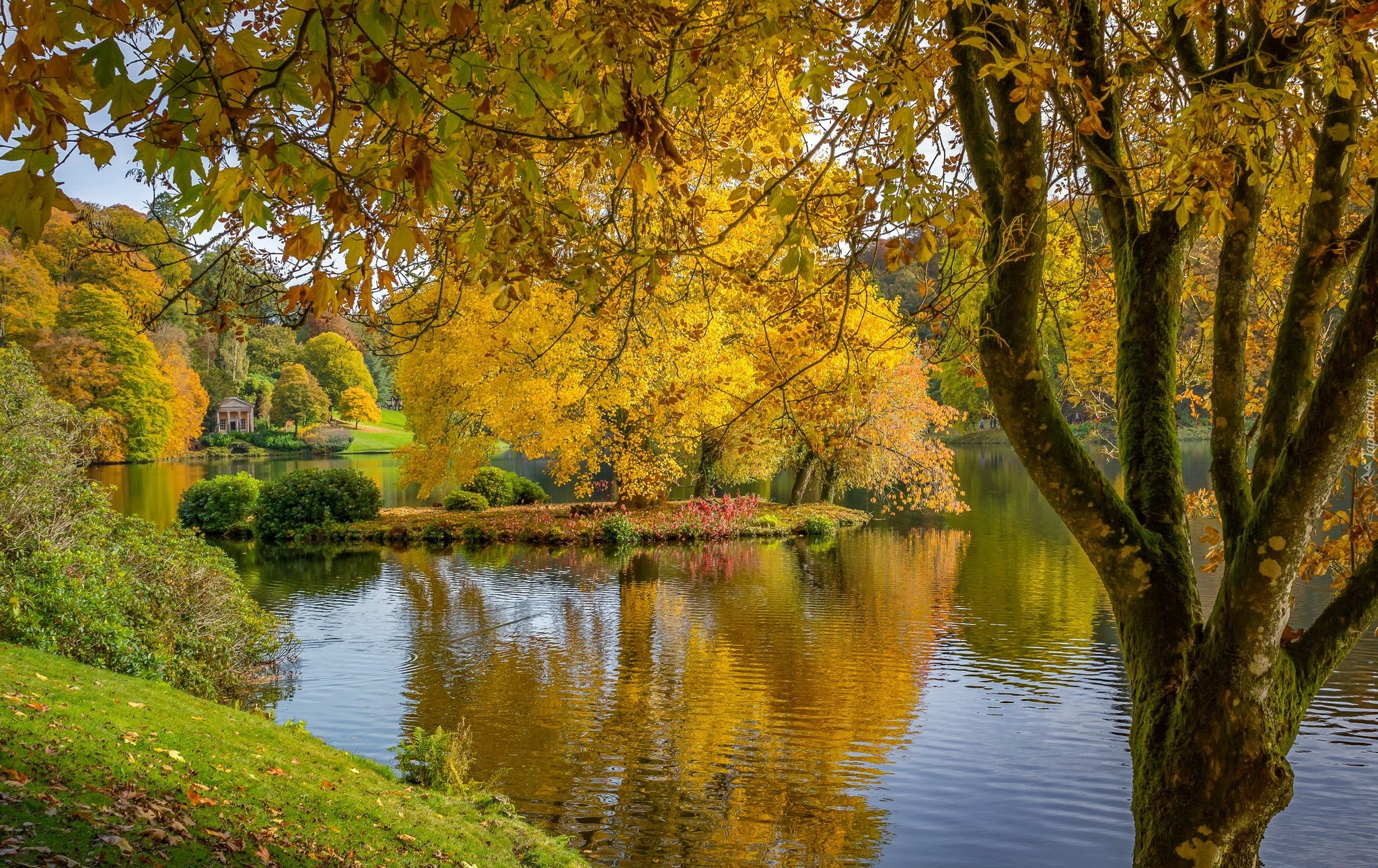 Anglia, Hrabstwo Wiltshire, Posiadłość Stourhead, Park, Jezioro, Altanka, Jesień