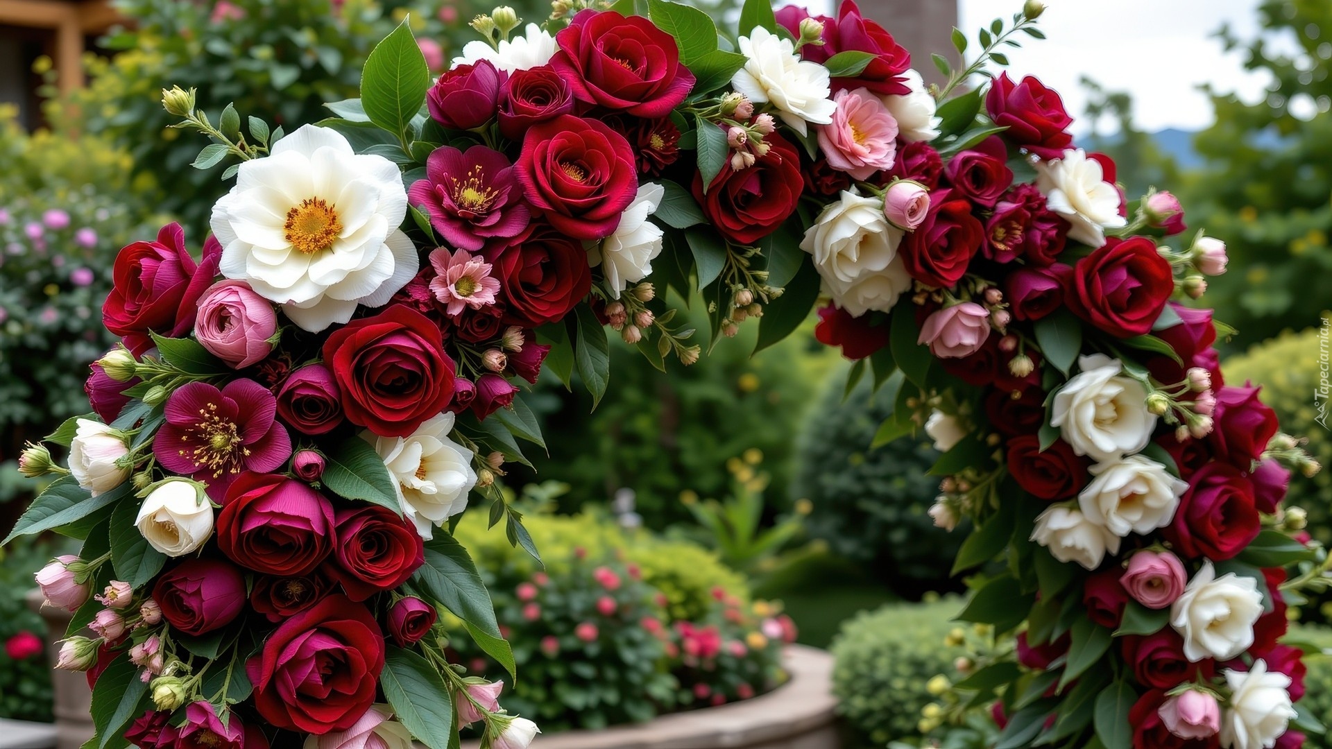 Ogród, Kwiatowy, Łuk, Czerwone, Białe, Róże, Kwiaty